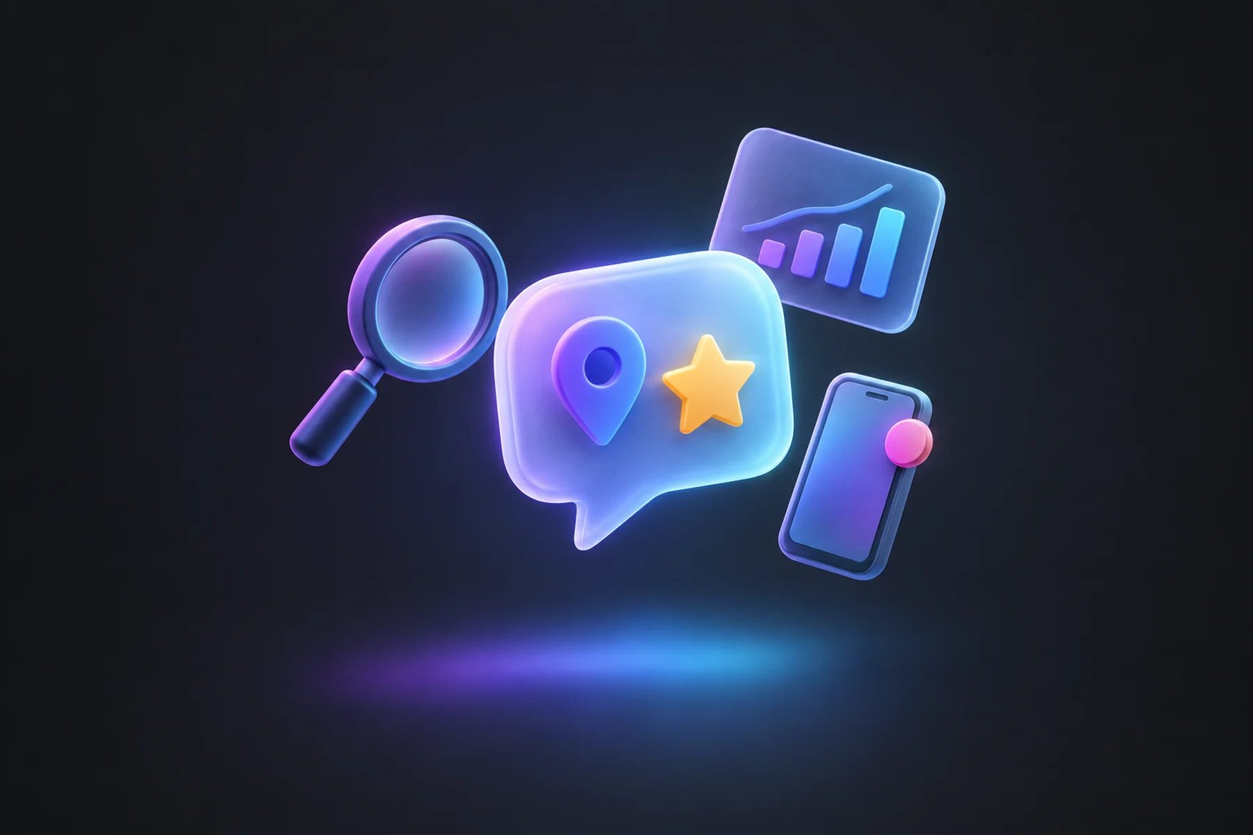 Illustration: A glossy floating speech-bubble panel glowing softly with a small map pin and a star badge inside it, orbited by a magnifying glass, a chart card, and a small phone showing a notification badge.