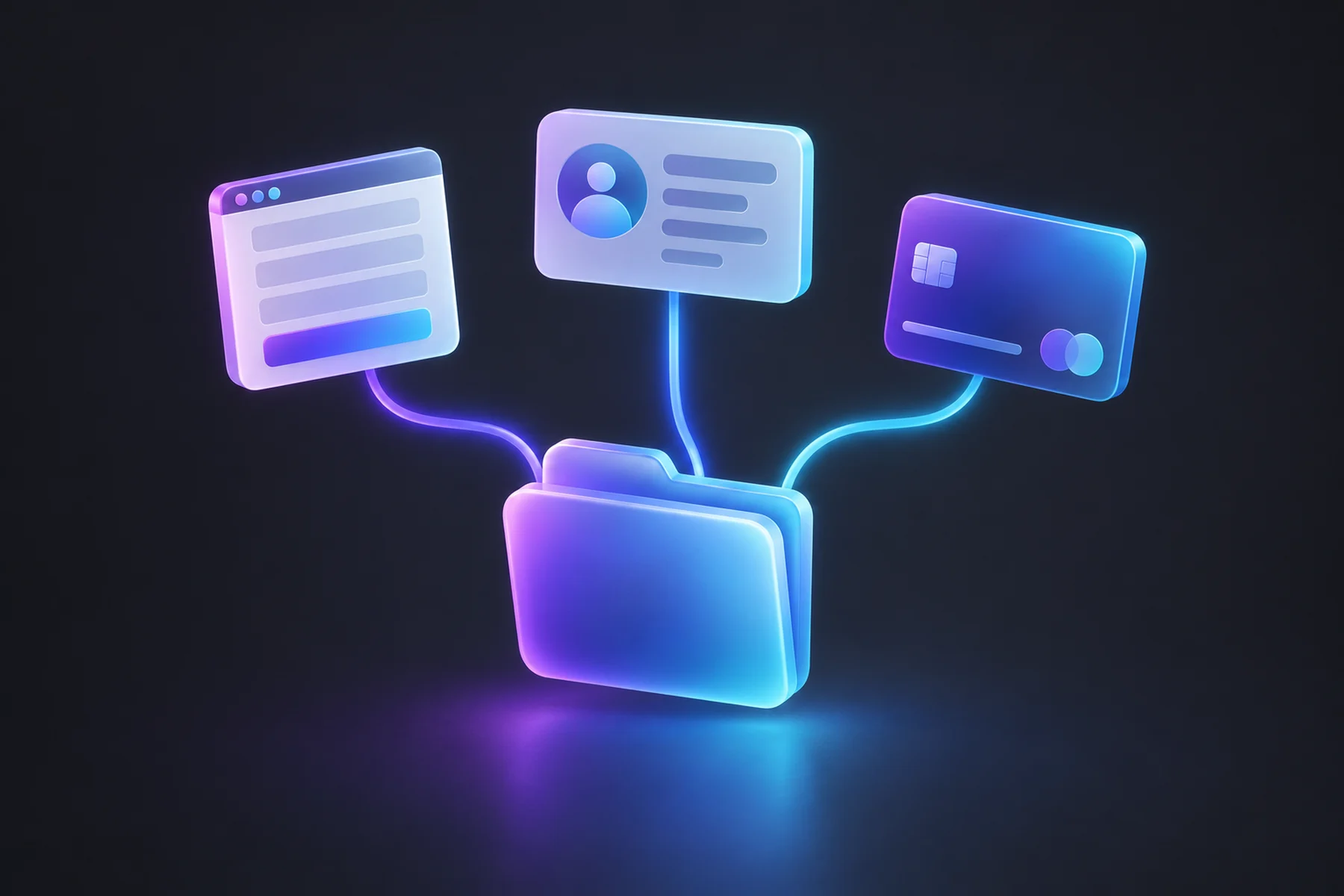 Illustration: A small floating diorama of a website contact form card, a CRM contact card, and a payment card, each linked by soft glowing lines into a single glossy folder icon, no text visible.
