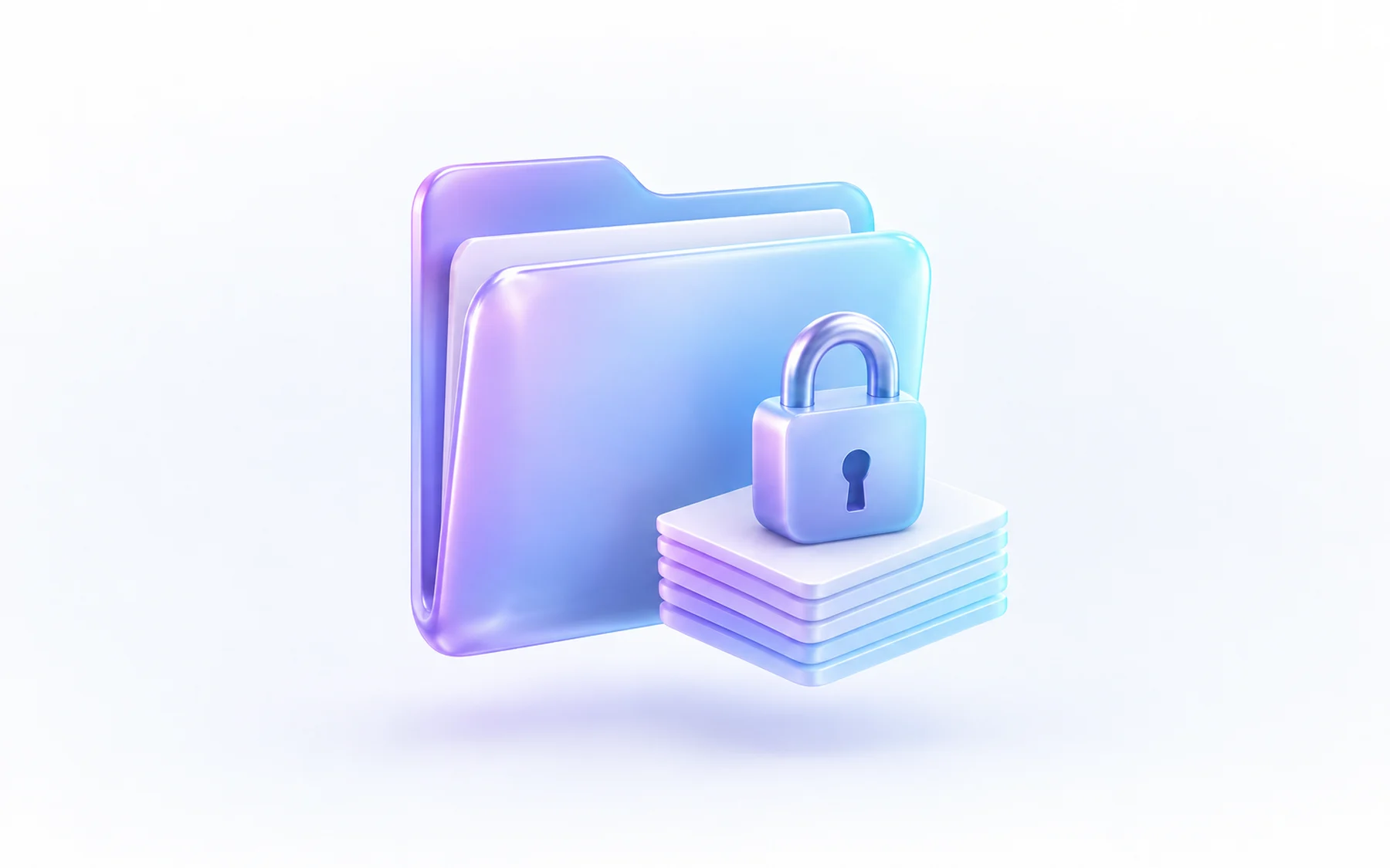 Illustration: A glossy folder icon standing alone with a small stack of record cards beside it and a padlock resting on top, unconnected to any other device.