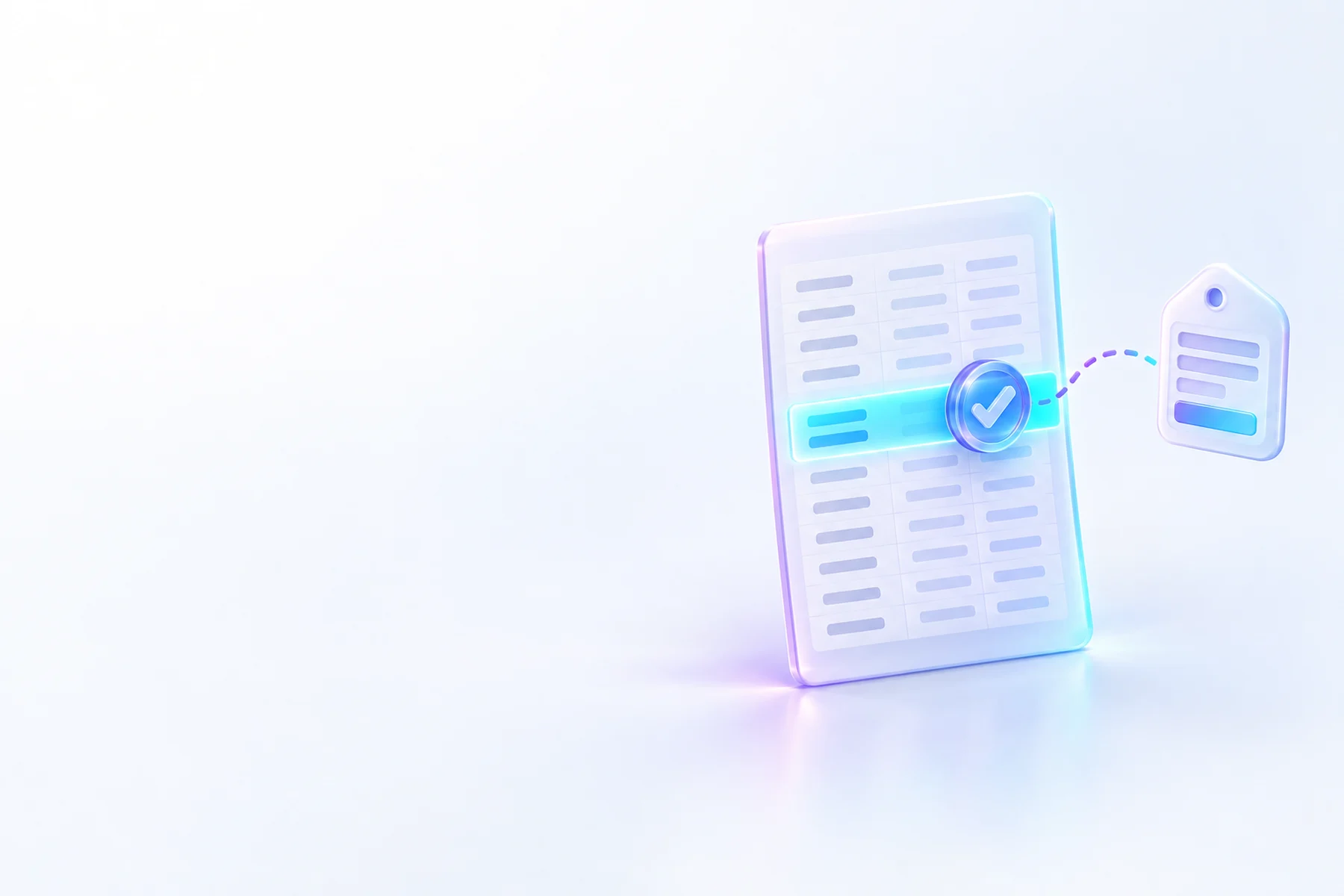 Illustration: A tall ledger sheet with a glowing row highlighted, a small form-tag icon disconnected by a broken dotted line beside it, and a checkmark stamp pressed into the ledger row itself.