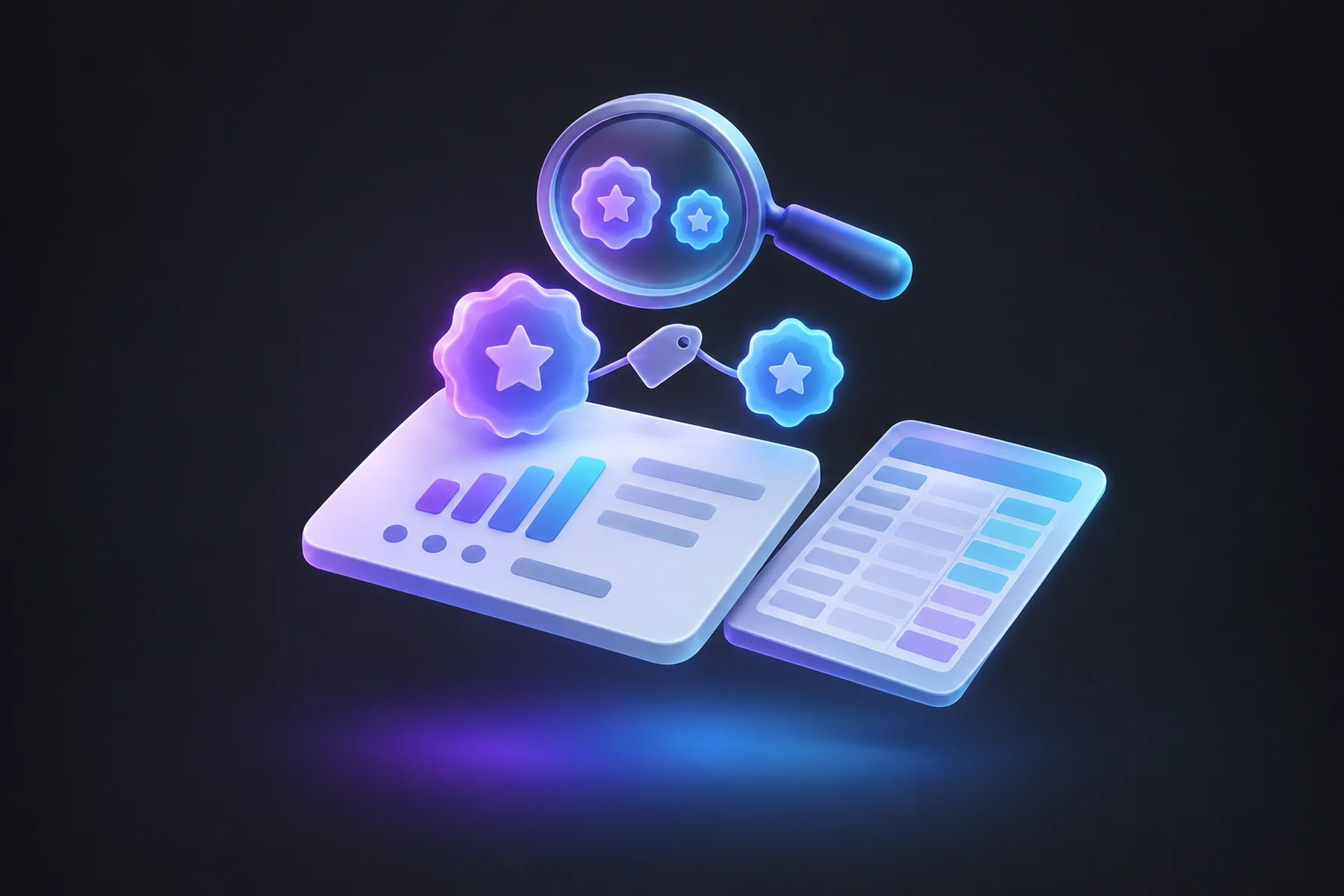 Illustration: A floating diorama of a chart card labeled with two glowing badges of matching shape but different sizes, a small tag icon linking them, a spreadsheet-like ledger sheet, and a magnifying glass hovering above comparing the two badges.
