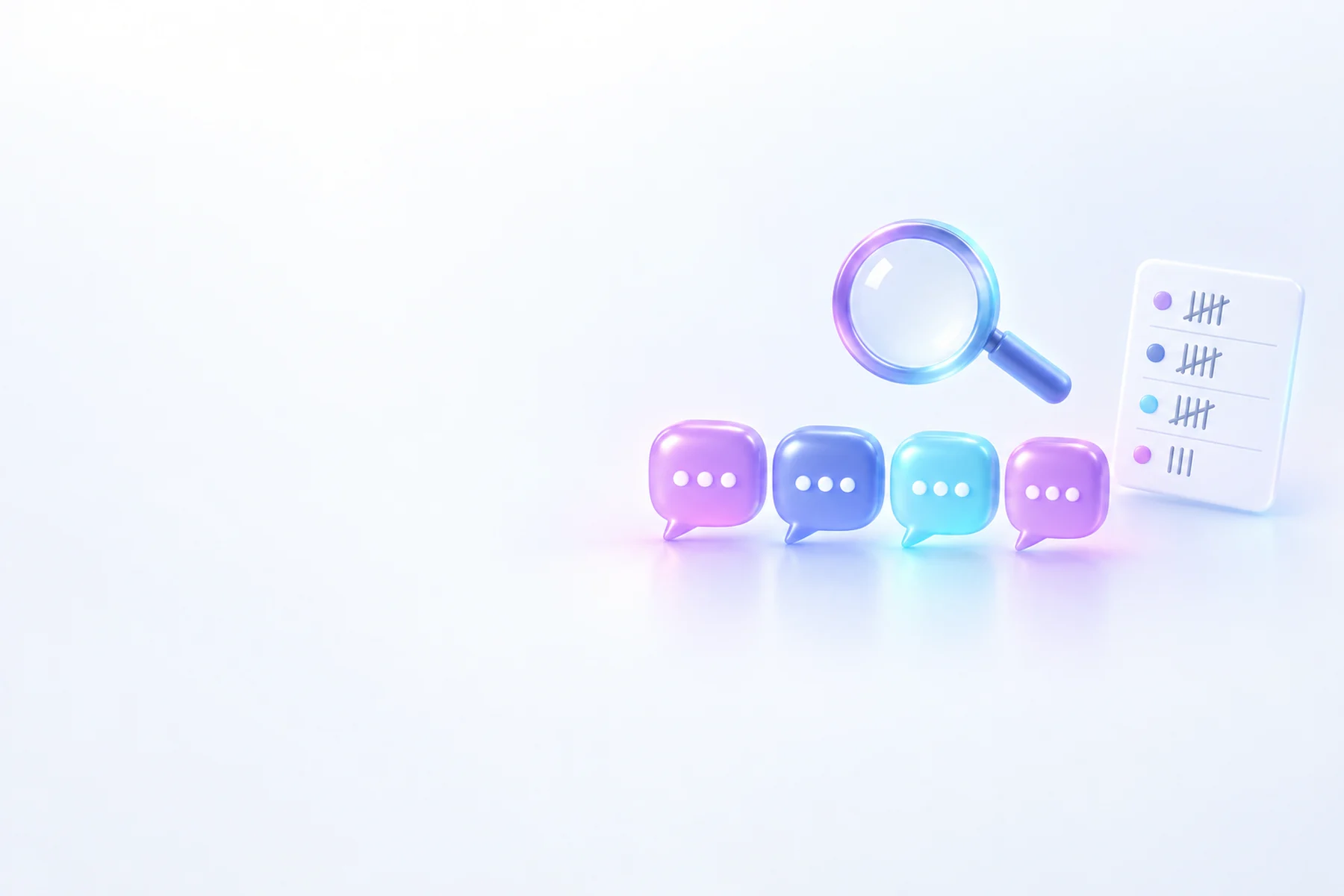 Illustration: Four small glossy speech-bubble modules in a row each with a subtly different soft glow color, a magnifying glass hovering above them and a tally card with tick marks off to the side.