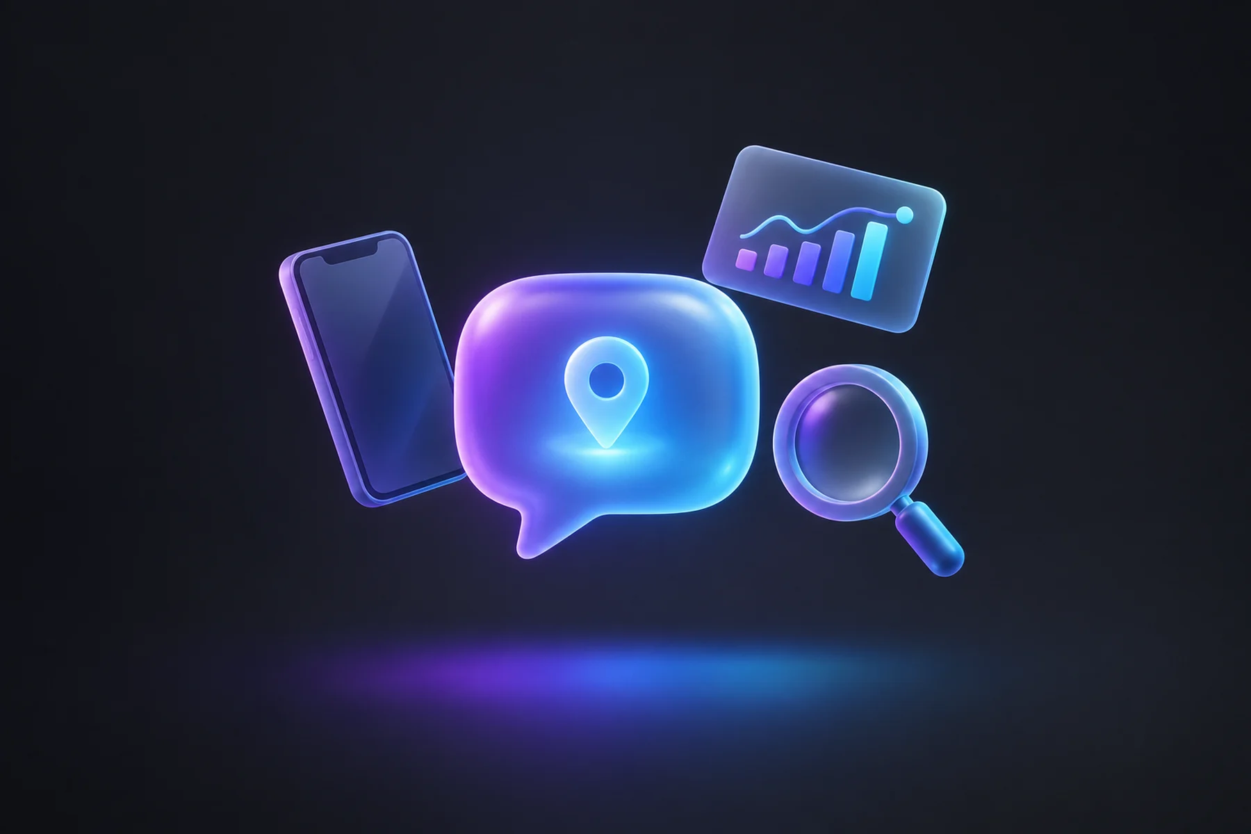 Illustration: A glossy speech-bubble shaped module glowing softly at its center with a small map pin nested inside, orbited by a phone, a chart card, and a magnifying glass hovering nearby.