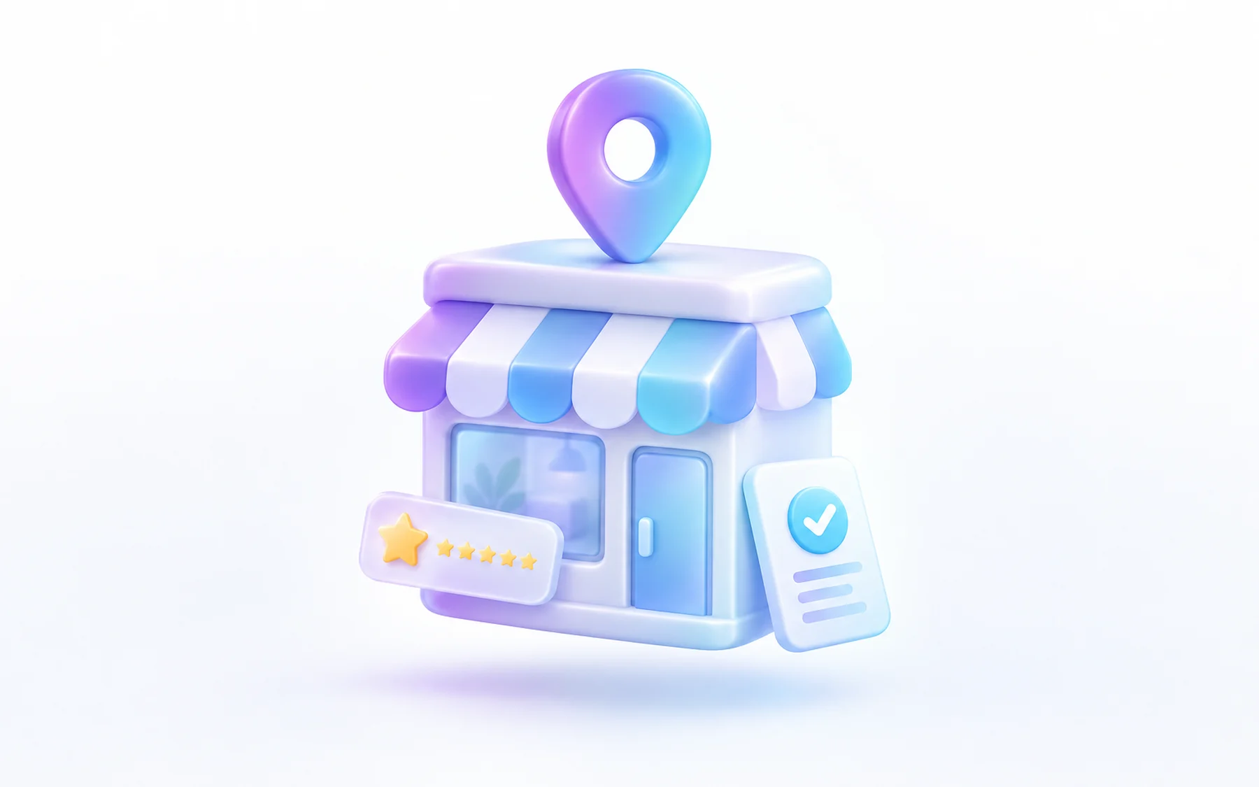 Illustration: A single glossy storefront-shaped module with a map pin planted on its roof and a small star-review badge and a checkmark-bearing card leaning against its base.