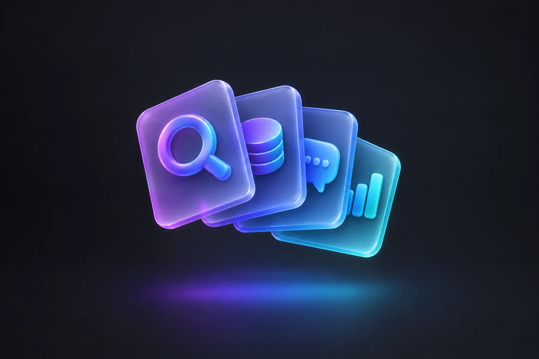 Illustration: A small floating stack of glossy translucent cards each stamped with a different simple icon (a magnifying glass, a coin, a chat bubble, a chart bar), arranged like a tidy reference deck, no text on any card.