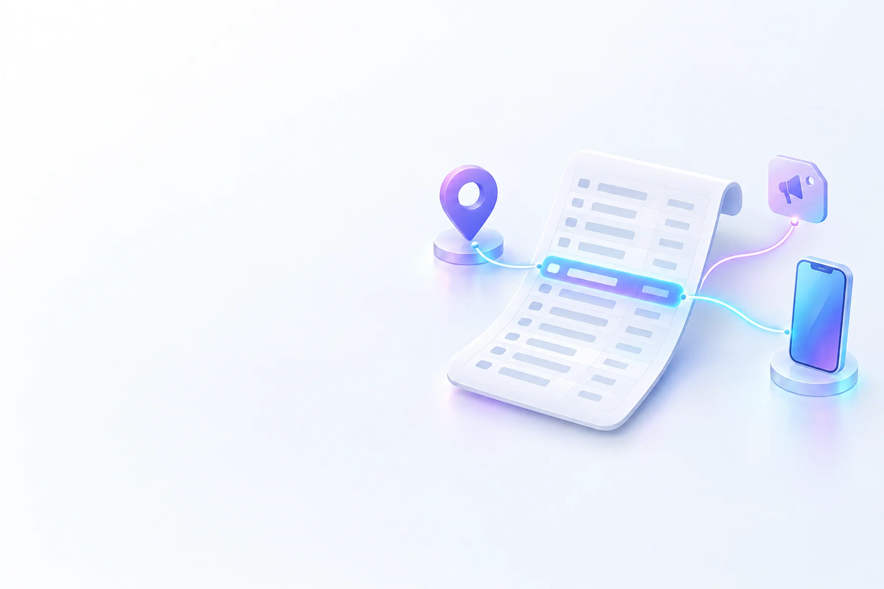 Illustration: A long ledger sheet with one glowing highlighted row, a map pin at one end, a small campaign tag icon and a phone silhouette linked by a bright connecting line into the row.