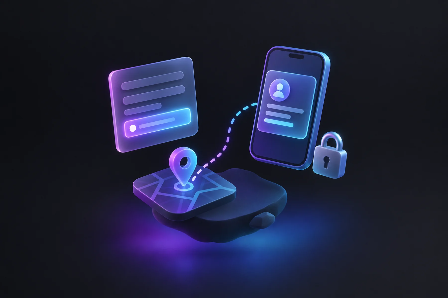 Illustration: A floating form card with a glowing new-entry row, a small map pin marking origin, a curving dashed path connecting to a phone with a highlighted contact card, and a tiny padlock nearby.