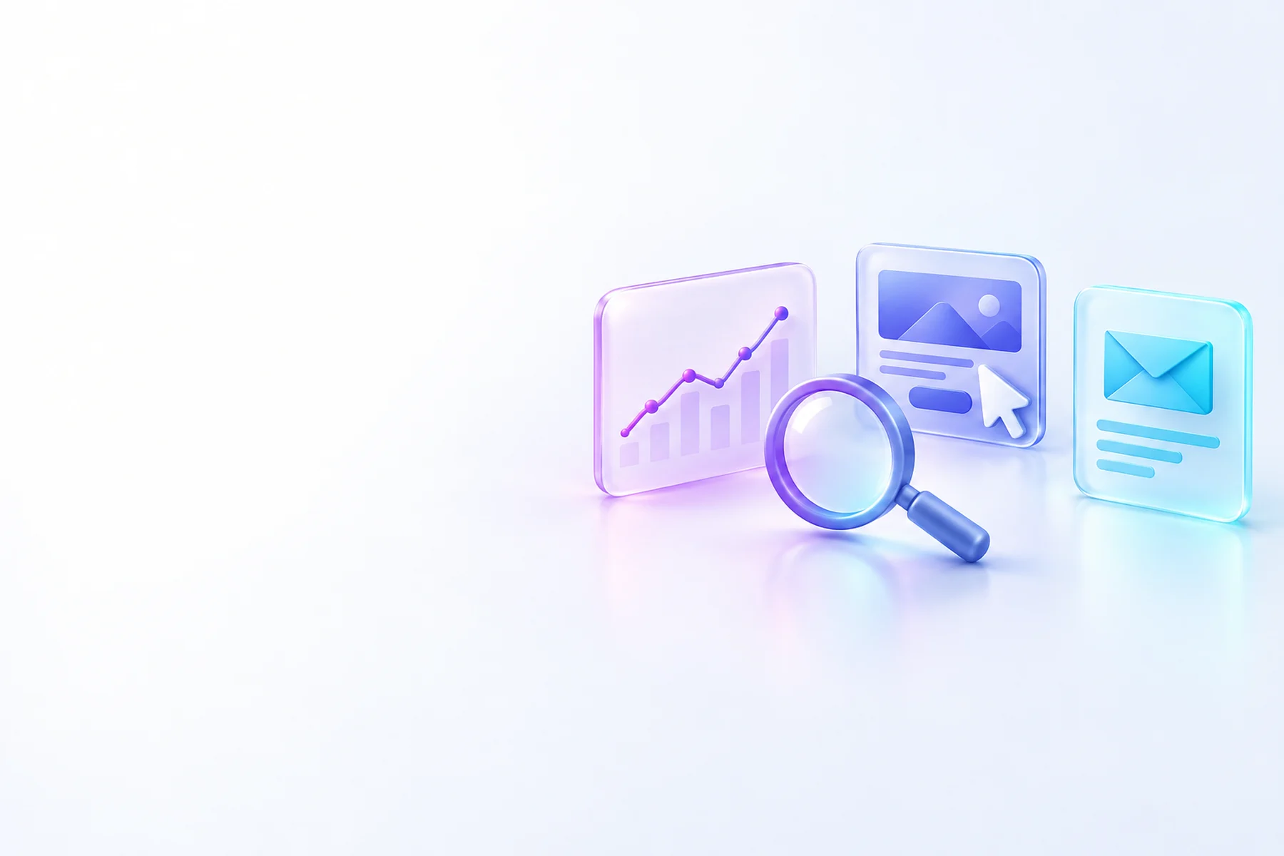 Illustration: Three glossy cards side by side, a line-chart card, a small ad card with a pointer cursor and a lead card with an envelope, each tinted a different brand hue, with a magnifying glass between them.