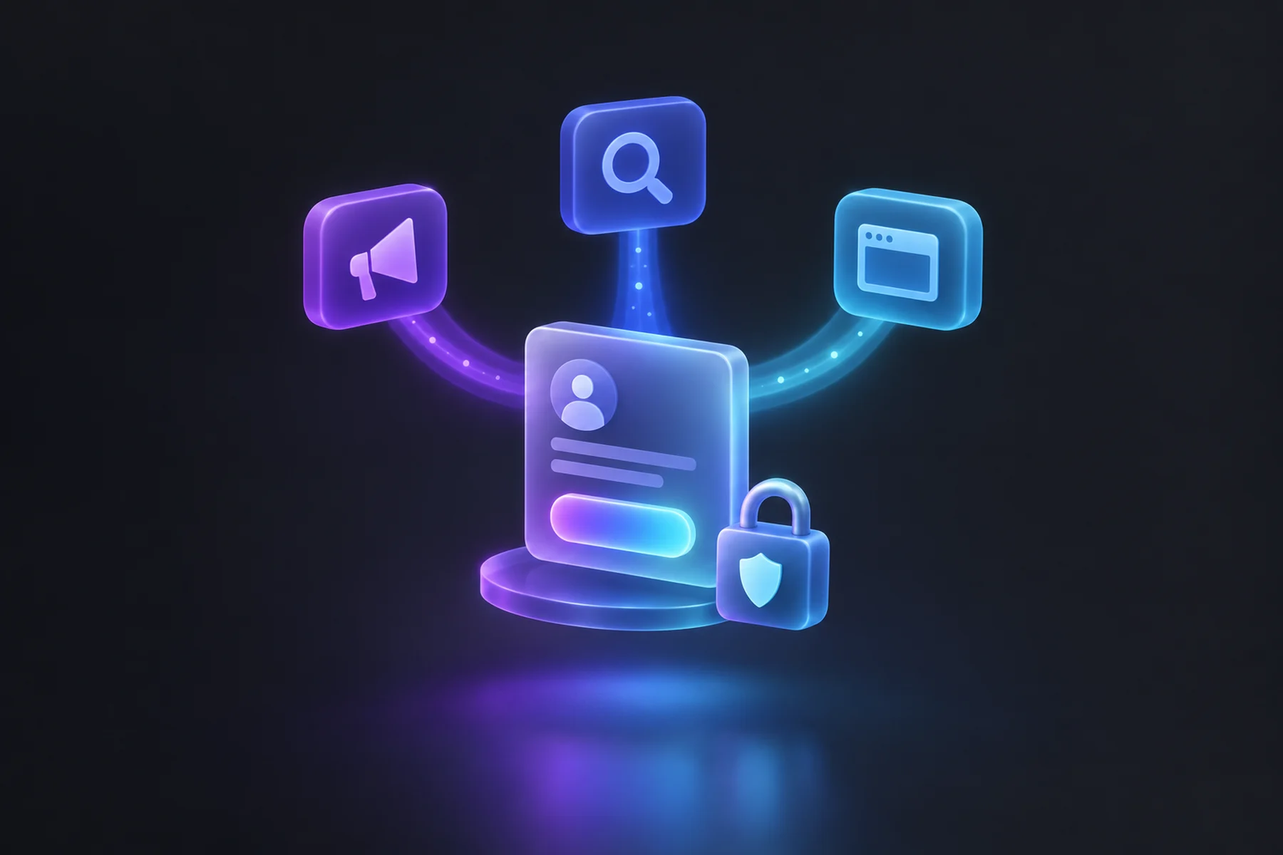 Illustration: A floating lead card stamped with a glowing source tag, flanked by three small labeled paths (a paid ad icon, a search magnifier, and a browser window) each connecting toward it with light beams, plus a small padlock for verified data.