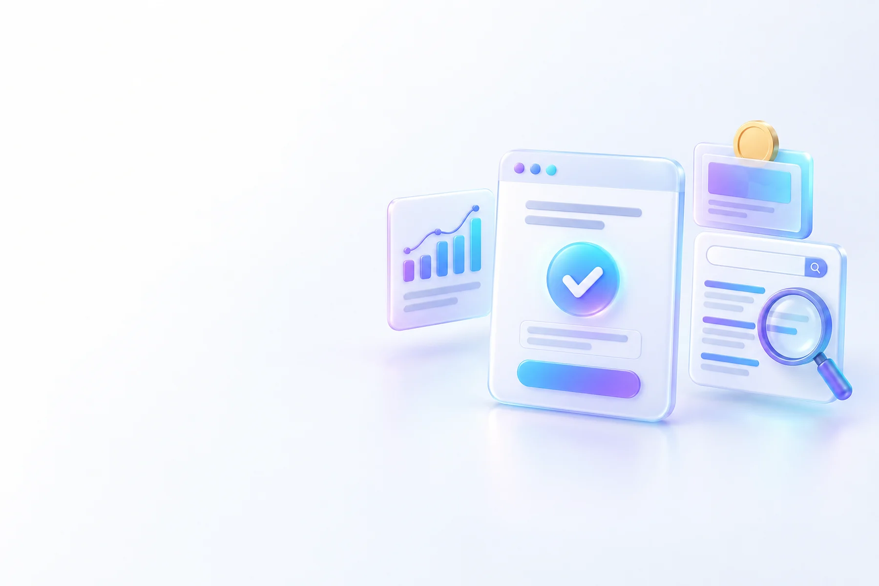 Illustration: A glossy website form card front and center with a glowing checkmark, flanked by a smaller chart card, a magnifying glass over a search results card, and a coin-topped ad card behind it.