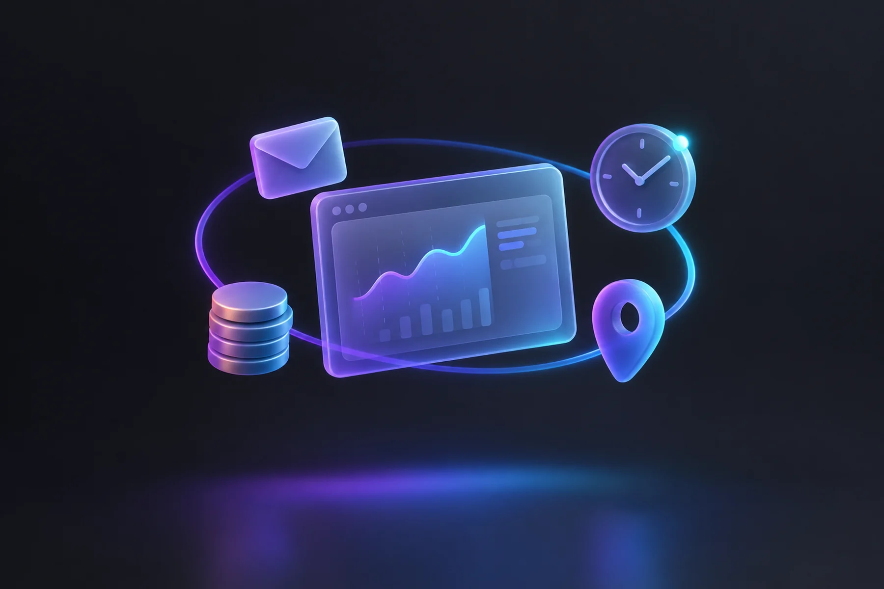 Illustration: A single floating glossy screen showing a chart card at its center, ringed by a small orbiting envelope, a coin stack, a map pin, and a clock face with a glowing dot marking freshness.