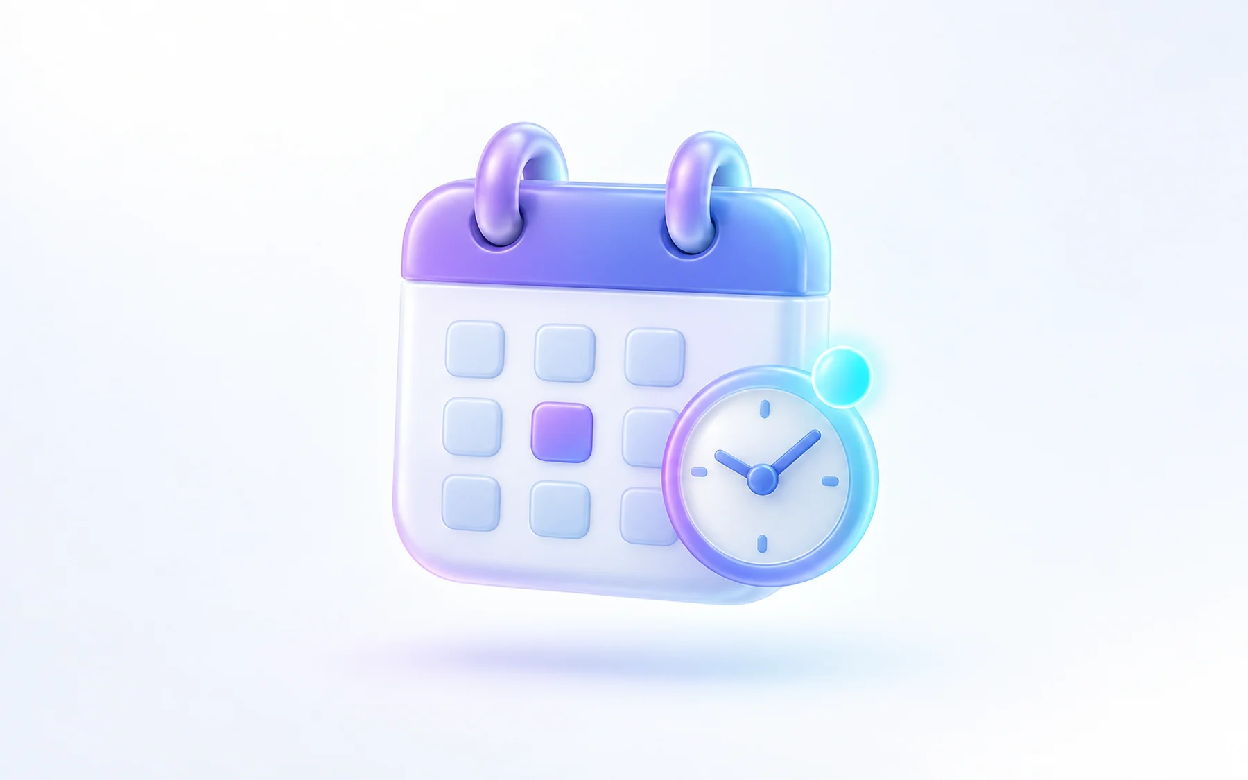 Illustration: A glossy calendar block with a small clock face attached to one corner and a tiny glowing notification badge, representing scheduled marketing work running on its own.