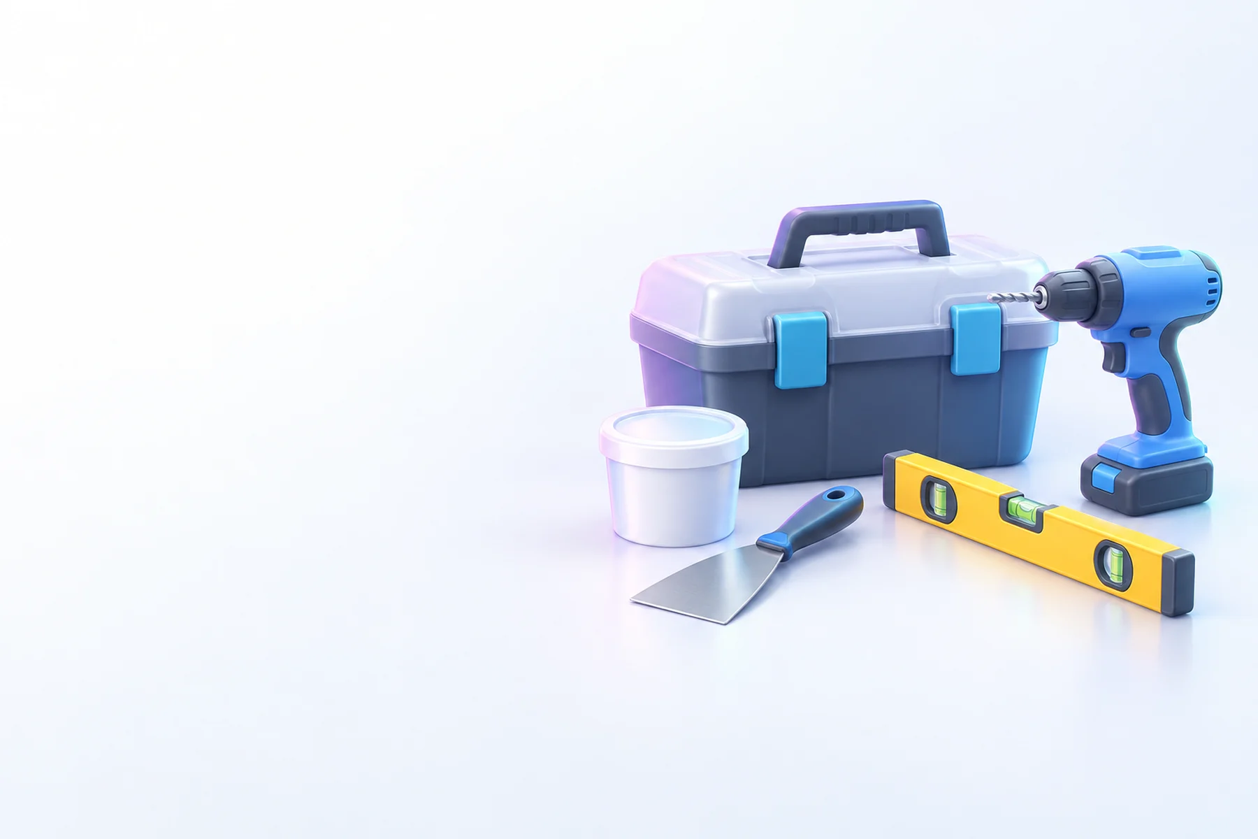Illustration: a toolbox, a cordless drill, a putty knife beside a tub of spackle and a spirit level.