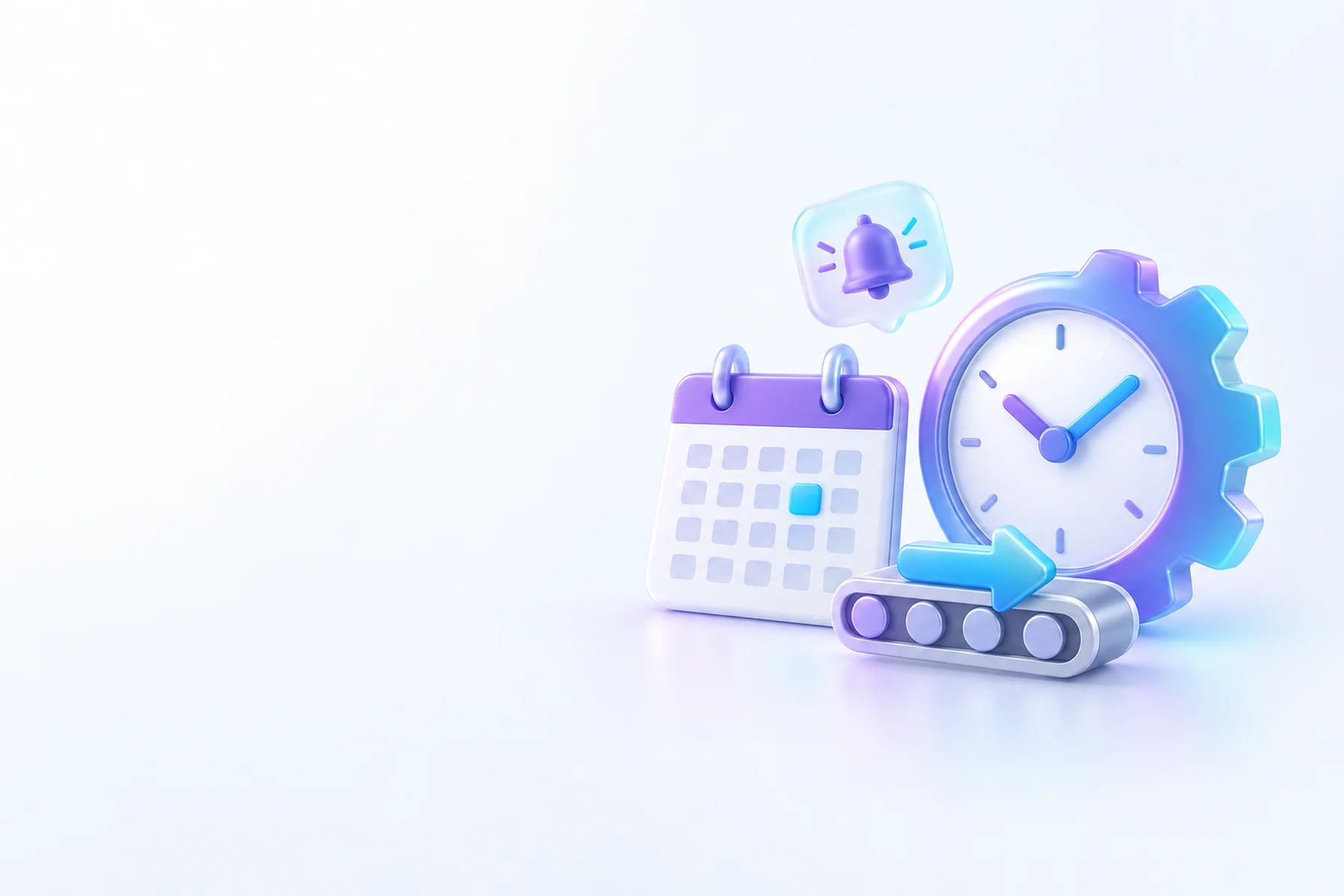 Illustration: A glossy clock face merged with a gear, a calendar card with one date highlighted, a small conveyor arrow, and a floating notification badge above them.