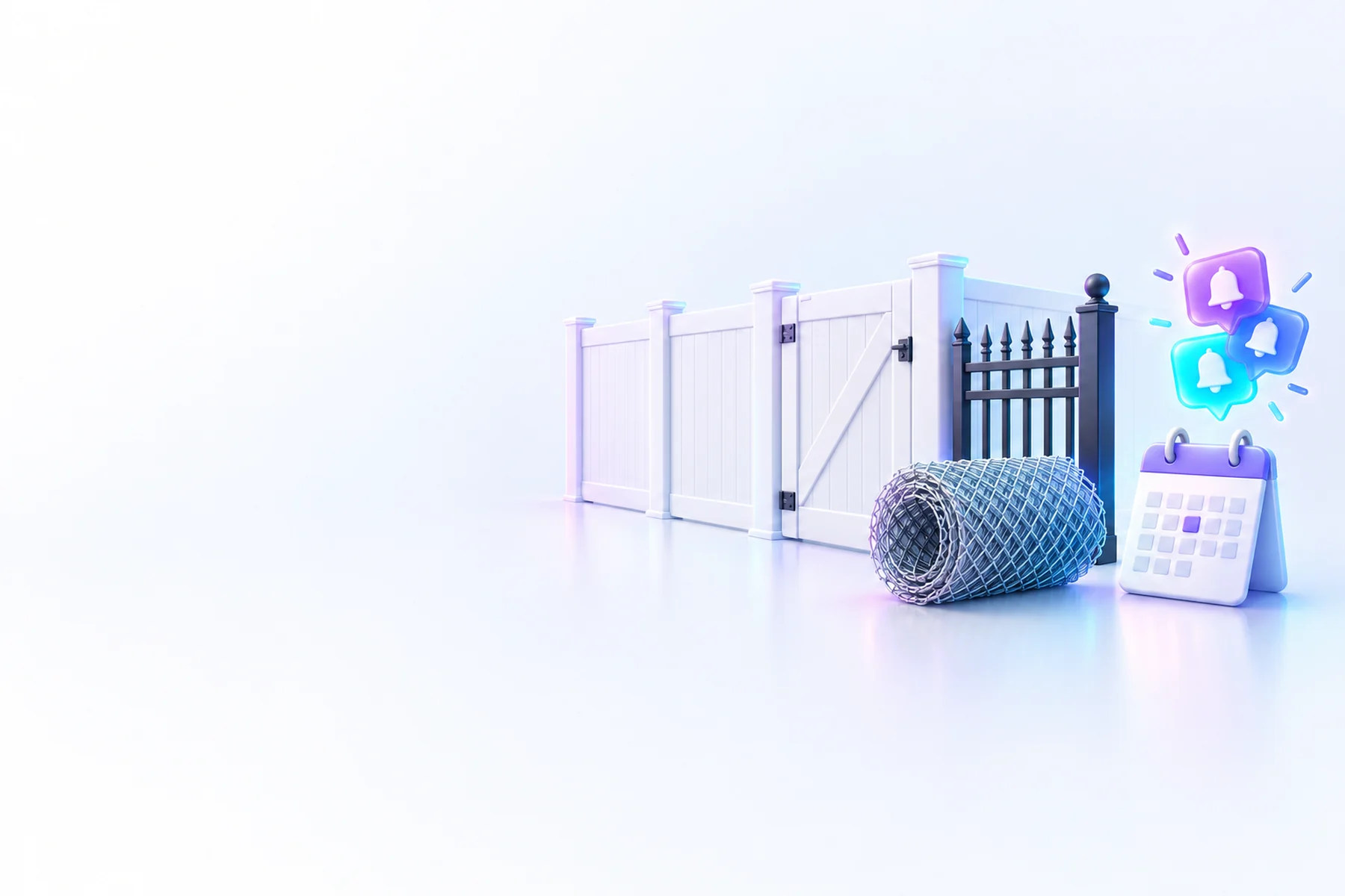 Illustration: A run of vinyl privacy fence panels with a gate, an ornamental aluminum post section, a coil of chain-link, and a small calendar card with a stacked-up cluster of glowing notification badges above it.