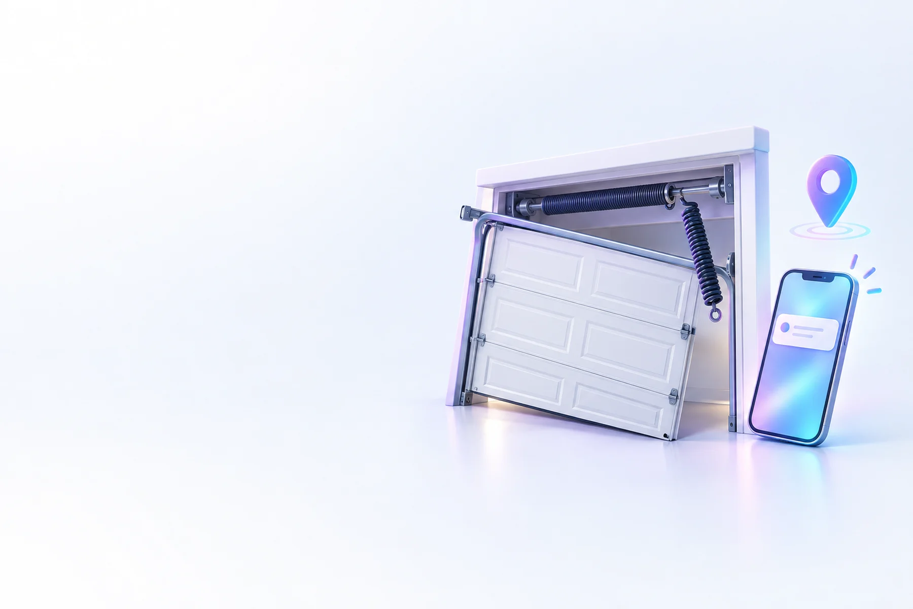 Illustration: A crooked garage door hanging off-track with a broken spring dangling, a phone glowing beside it showing a fresh notification, and a small map pin hovering above.