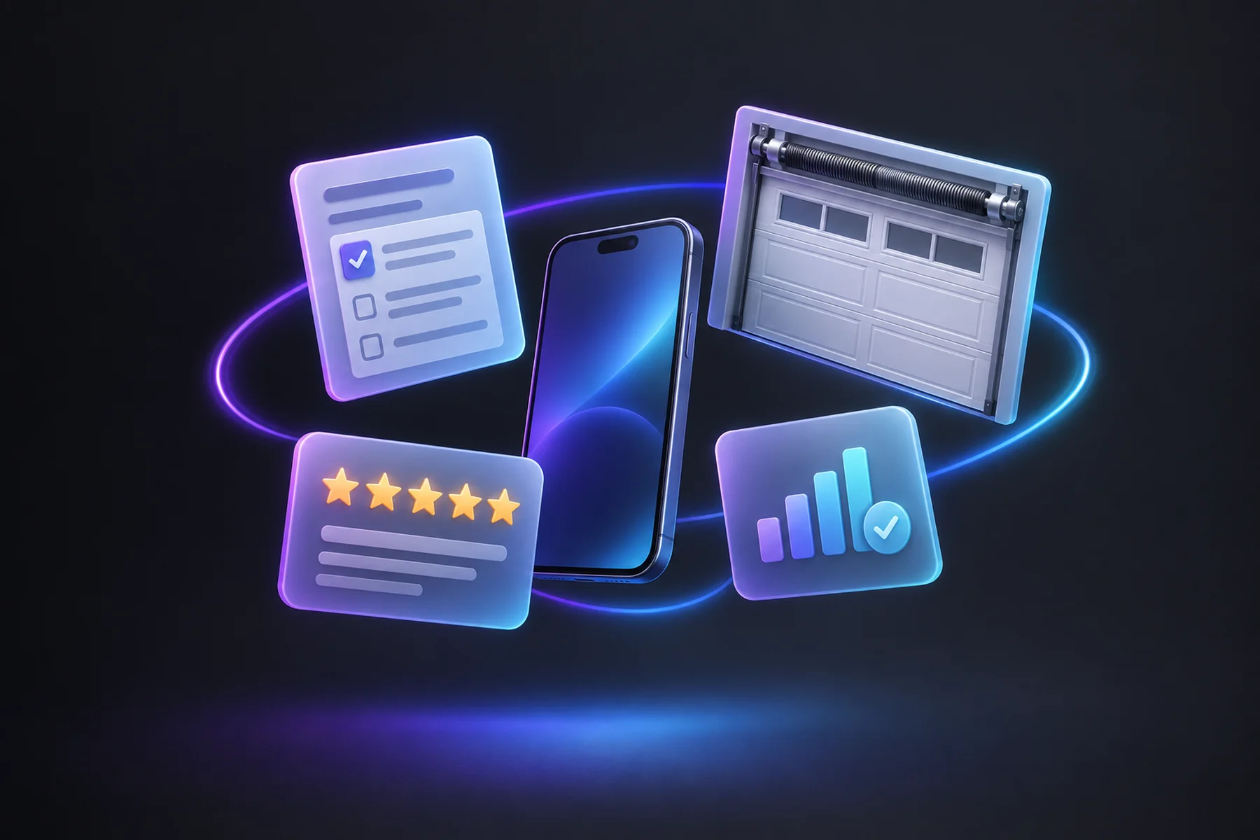 Illustration: A floating form sheet with a checkmark, a garage door panel with a repaired torsion spring, a star-rated review card, and a small chart card tallying completed jobs, orbiting a phone.