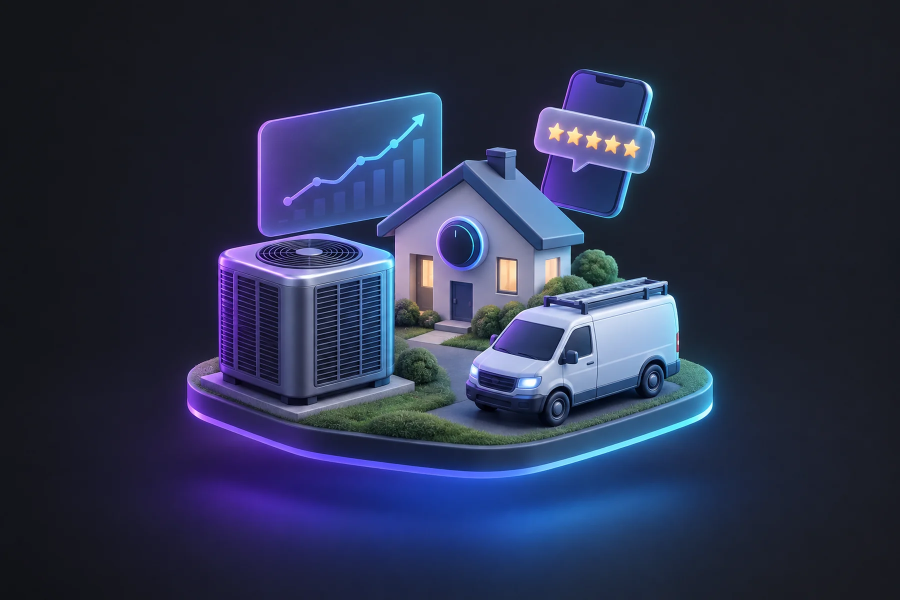 Illustration: A glossy condenser unit, a small house with a thermostat dial, a service truck, a chart card showing a rising line, and a phone with a review-star badge floating above them.