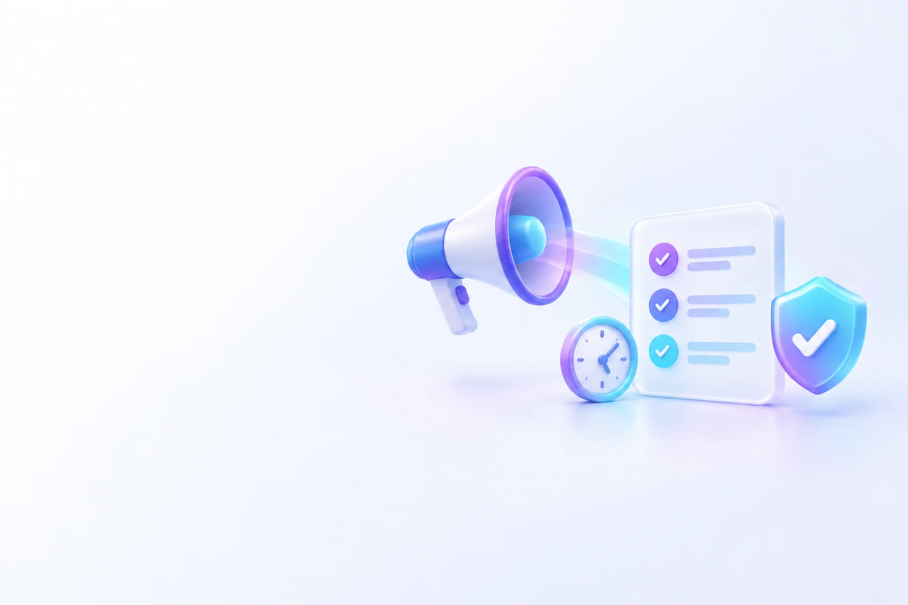 Illustration: A glossy megaphone-shaped ad icon connected by a soft beam to a checklist card, flanked by a small clock and a rounded shield badge.