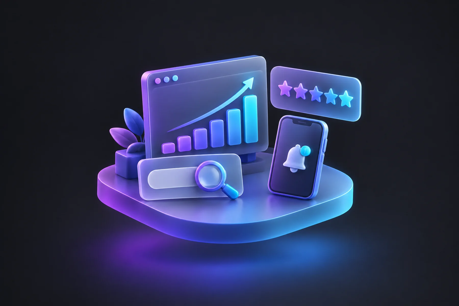 Illustration: A floating dashboard card with a rising chart, a glowing star-rating card, a magnifying glass over a small search panel, and a phone showing a notification badge, arranged as a diorama.