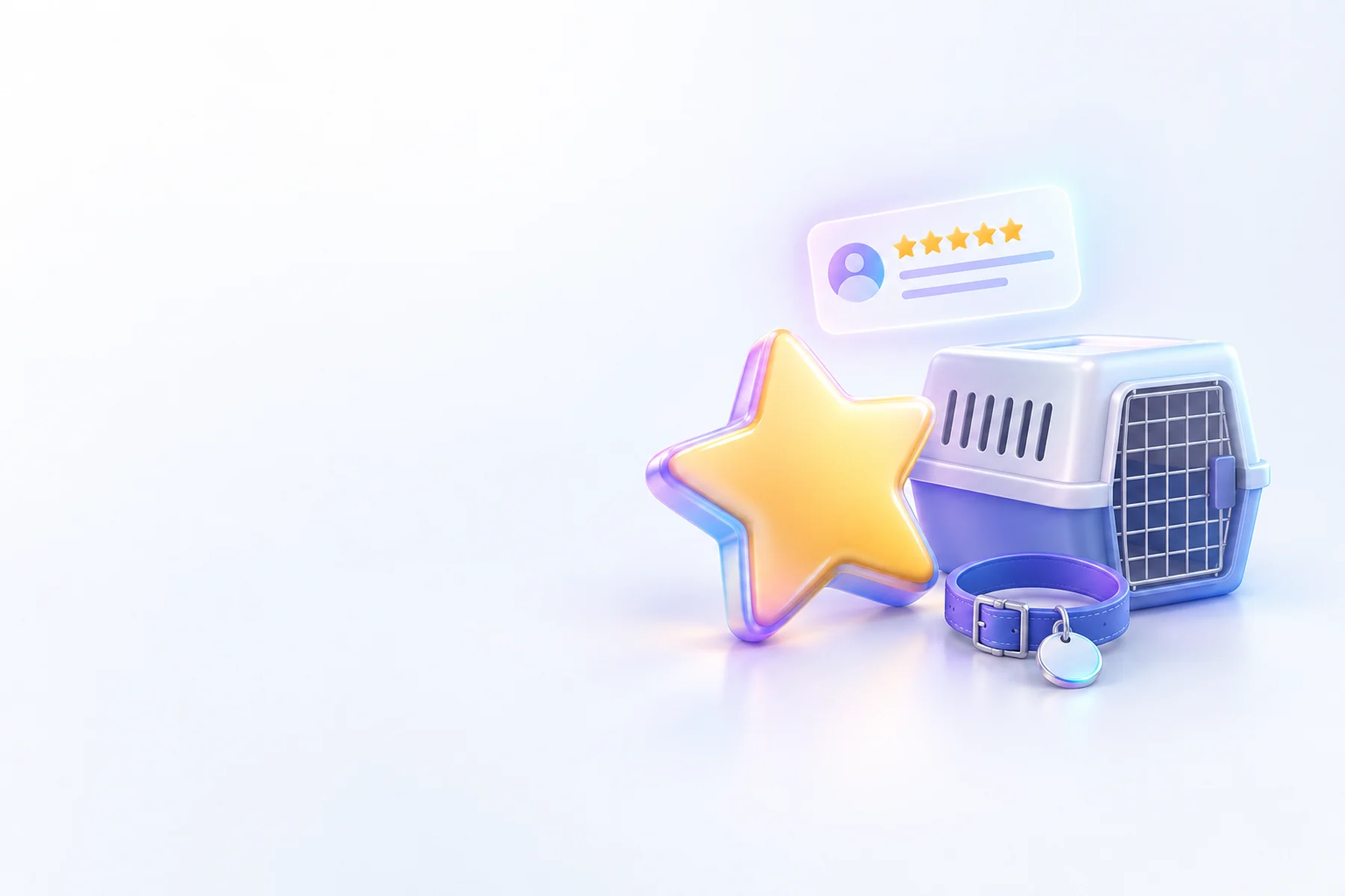 Illustration: A large glossy star badge tilted beside a small kennel crate and a dog collar with tag, a floating review card with a soft glow hovering just above them.