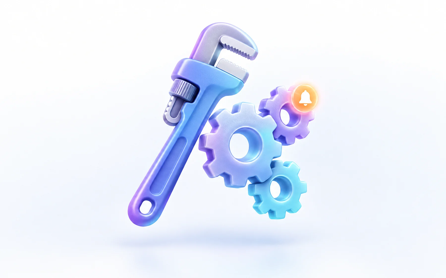 Illustration: A pipe wrench resting beside a small gear-cluster with a glowing notification badge attached to one gear.