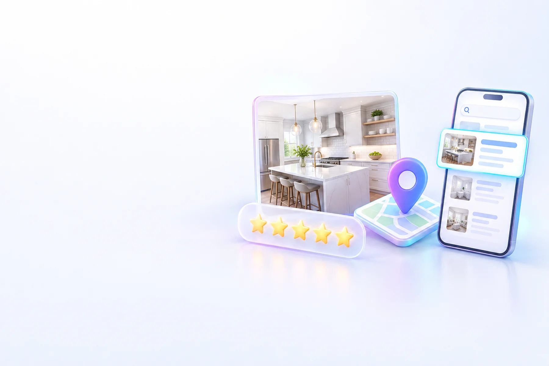 Illustration: A glossy portfolio card of a finished kitchen, a row of softly glowing star review icons, a map pin, and a phone showing a highlighted search result card.