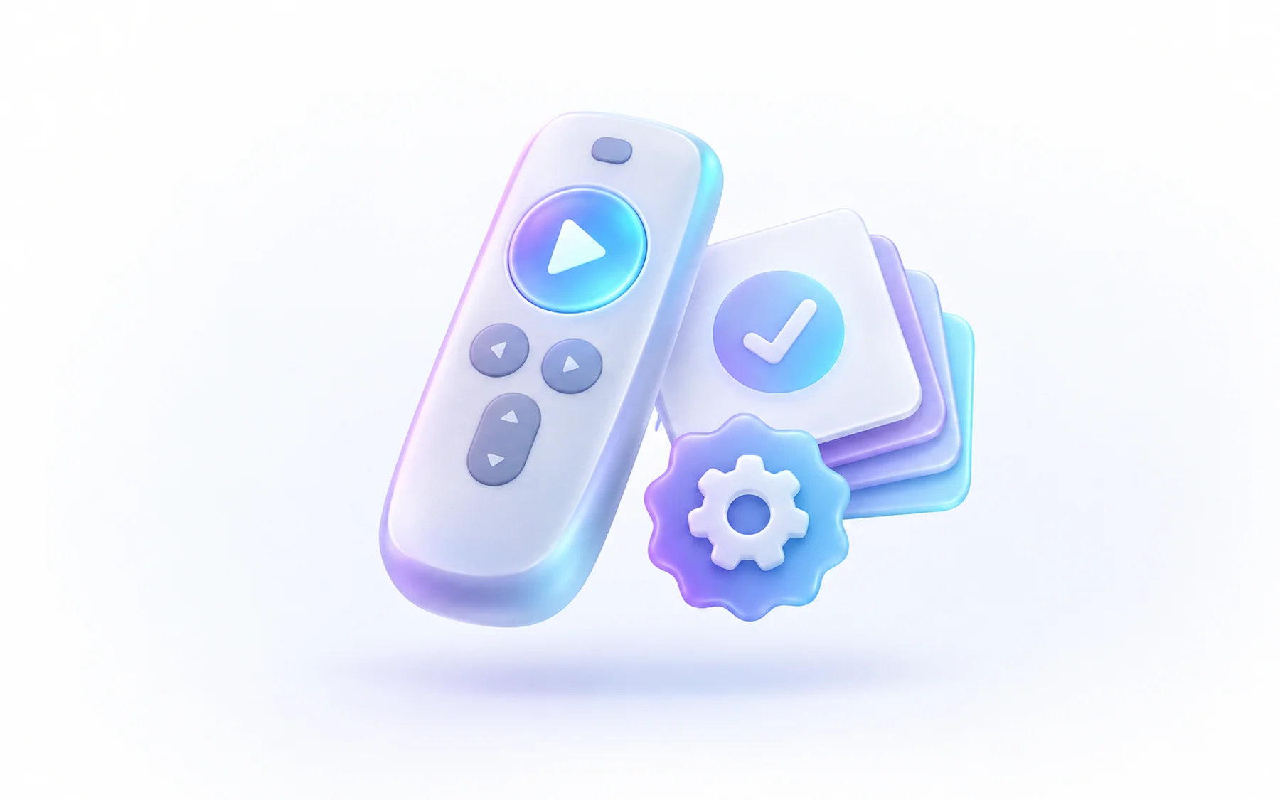 Illustration: A single remote control device with a glowing play button resting beside a small stack of approval cards and a soft gear badge.