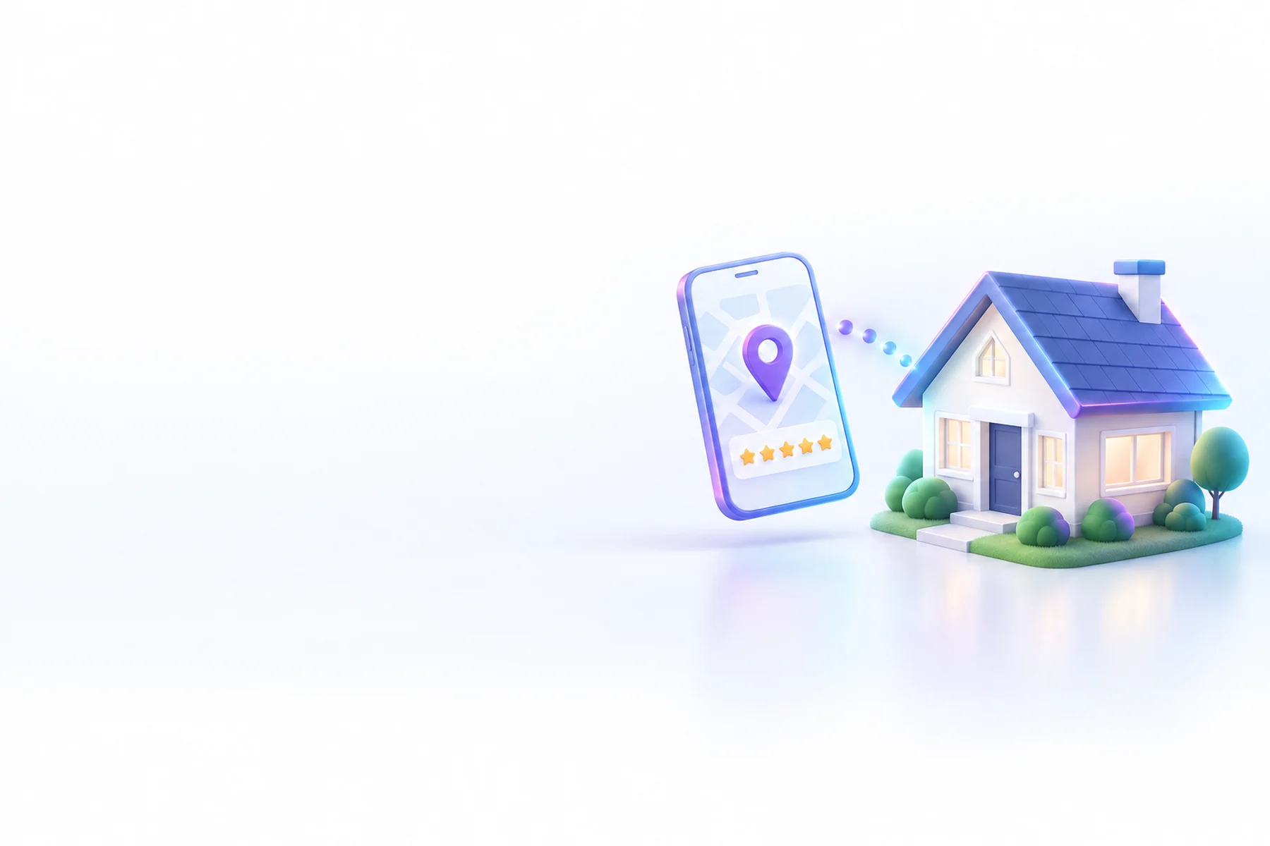Illustration: A small house with a pitched roof, a floating smartphone showing a map pin and five small star shapes, and a trail of glowing dots leading from the phone to the house.