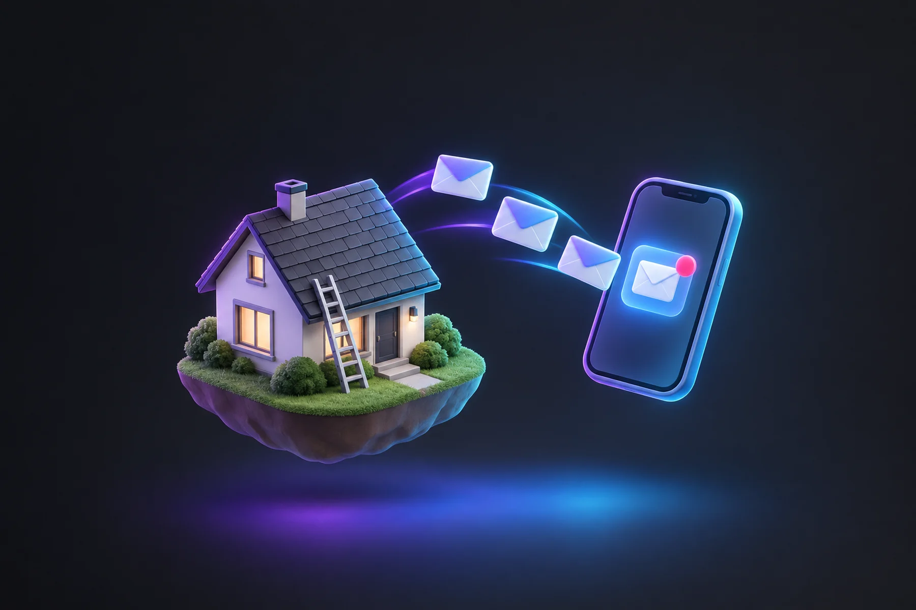 Illustration: A small house with a freshly shingled roof and a ladder, and three envelope-shaped request cards flying from it into a floating smartphone glowing with a notification badge.