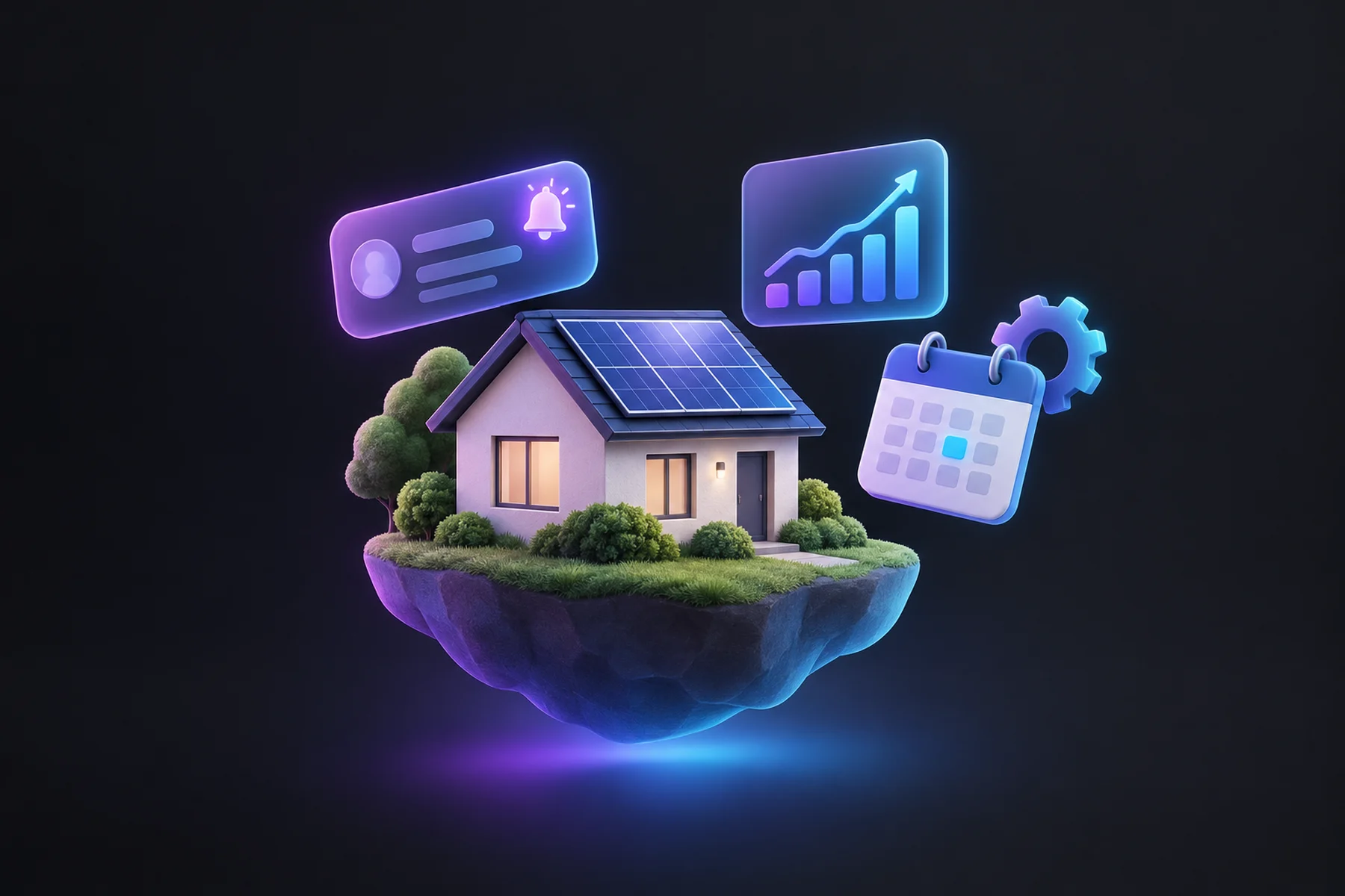 Illustration: A small stucco house with rooftop solar panels, a floating form card with a glowing lead notification, a chart card ticking upward, and a calendar page beside a subtle gear icon.