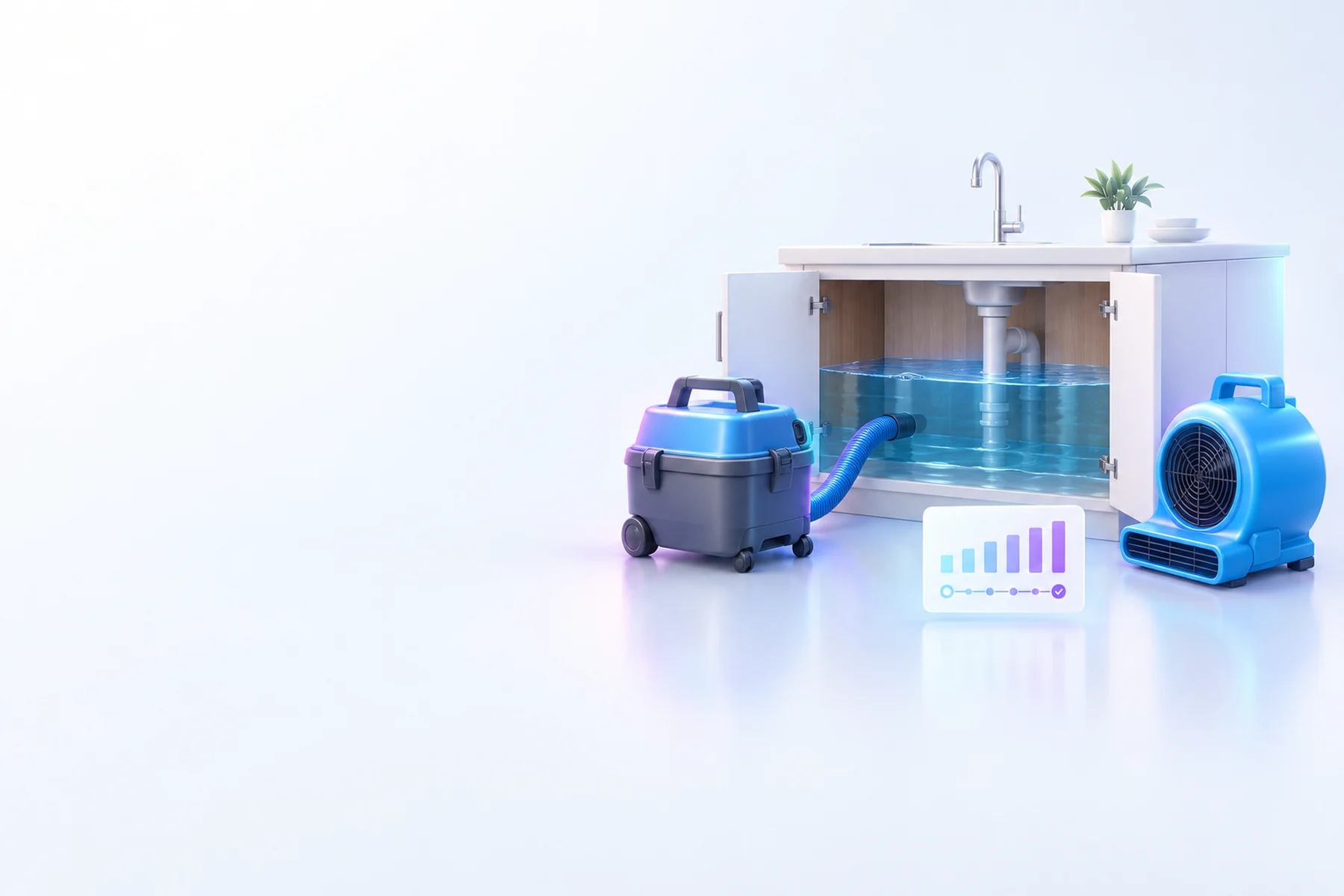 Illustration: A submerged kitchen cabinet base with a water line, a portable extraction pump, an air mover, and a small floating chart card marking days of drying progress.
