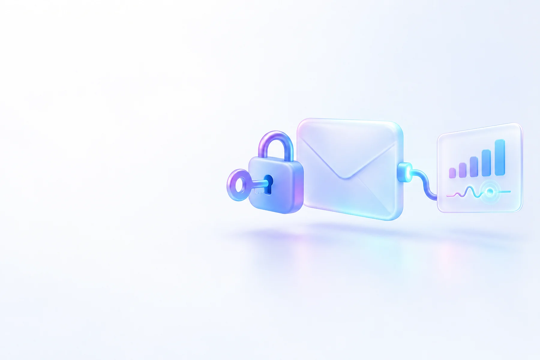 Illustration: A glossy padlocked key floating beside a rounded envelope-shaped panel, with a small connector cable linking to a chart card that keeps pulsing, showing the link is live but access is secured.