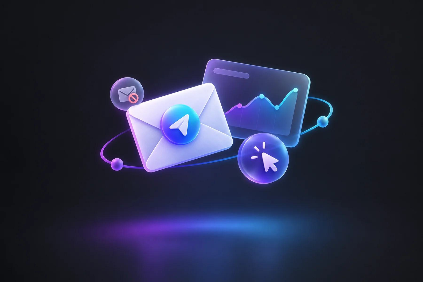 Illustration: A floating envelope card showing a glossy send icon paired with a small chart card displaying an open-rate curve, a click arrow badge, and a tiny unsubscribe icon orbiting nearby, all lit by a soft notification glow.