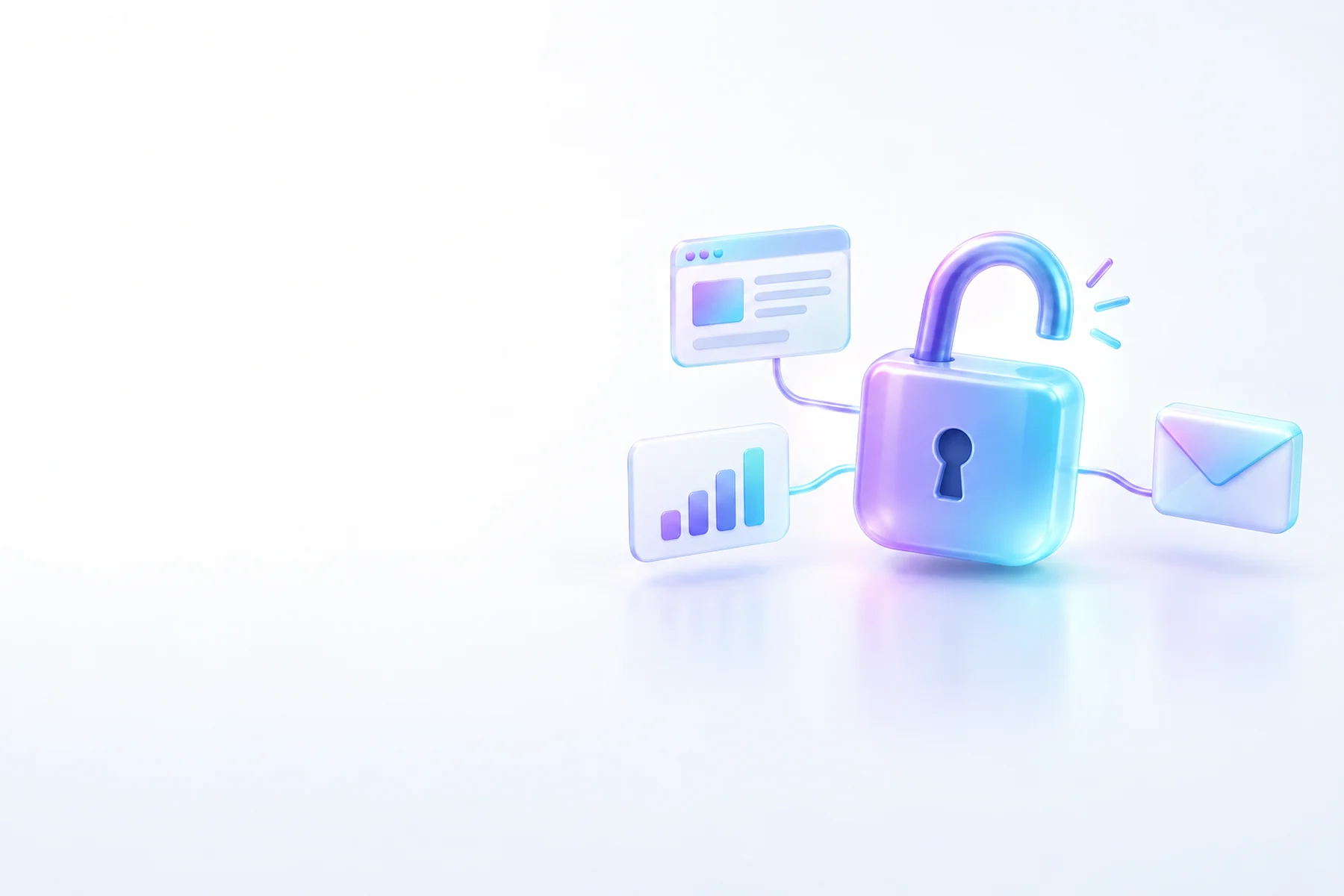 Illustration: A single glossy padlock opening with a soft click beside a small screen panel, a chart card, and an envelope arranged nearby, all connected to the padlock by thin glowing lines.