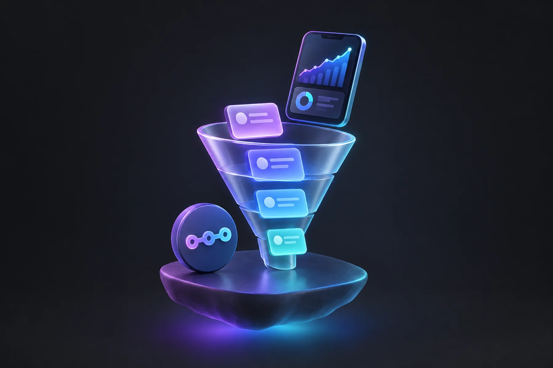 Illustration: A funnel-shaped glass card with glowing deal cards sliding through its stages, a small pipeline icon disc beside it, and a phone above showing a live chart card.