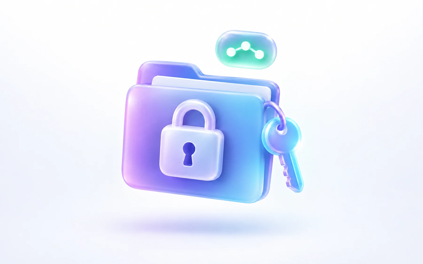 Illustration: A padlocked CRM folder card with a single glowing key attached, and a small connected-status badge floating above it.