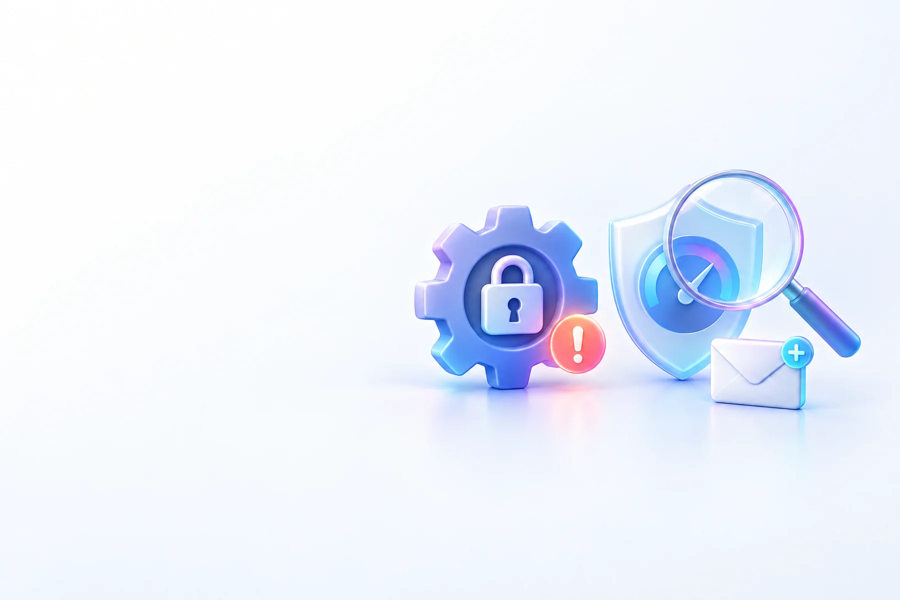 Illustration: A padlocked gear beside a small glowing alert badge, a magnifying glass hovering over a shield-shaped dial, and a tiny envelope card marking a new access entry.