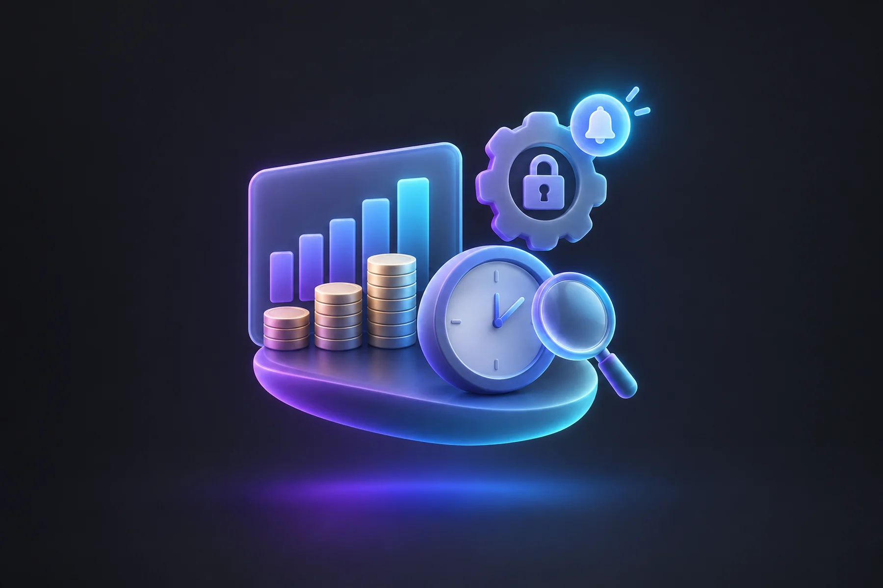 Illustration: A floating coin-stack chart card labeled by bars of ad spend beside a small magnifying glass hovering over a clock reading early morning, with a glowing notification badge popping above a padlocked gear.