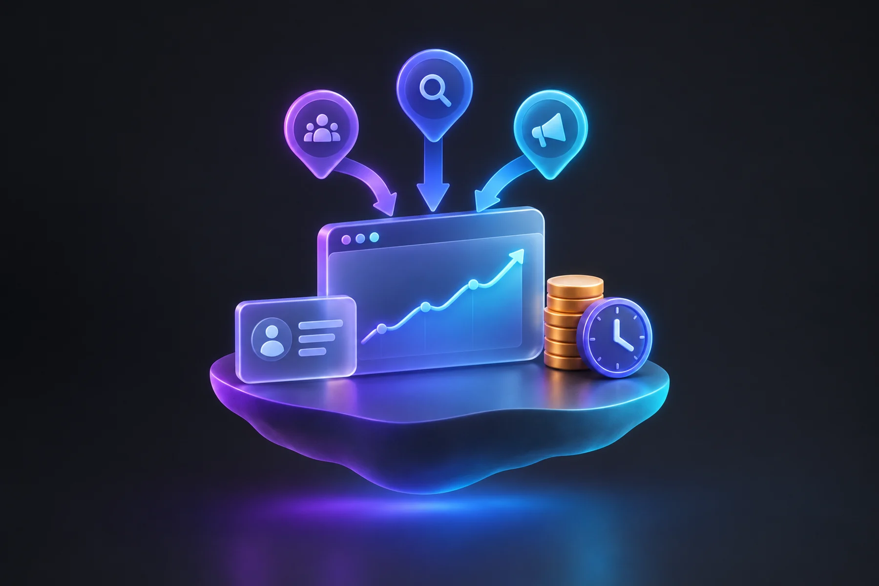 Illustration: A floating browser window showing a rising line chart, three glowing origin pins funneling arrows into it, a small lead card, and a coin stack beside a stamped clock icon.