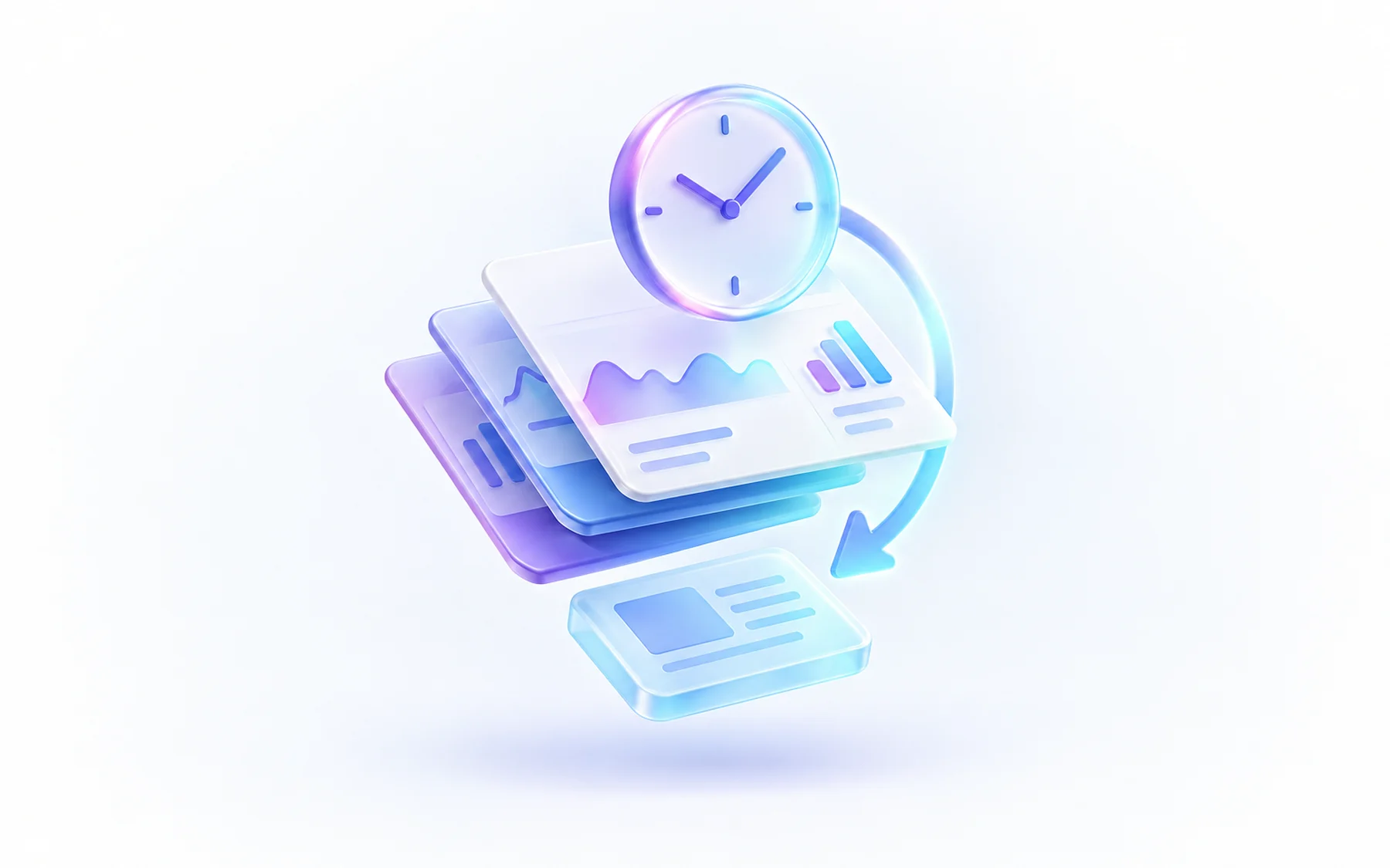 Illustration: A layered stack of chart cards fanned by freshness, with a glossy clock face hovering above the top card and a subtle glowing sync arrow looping into a cached page beneath it.