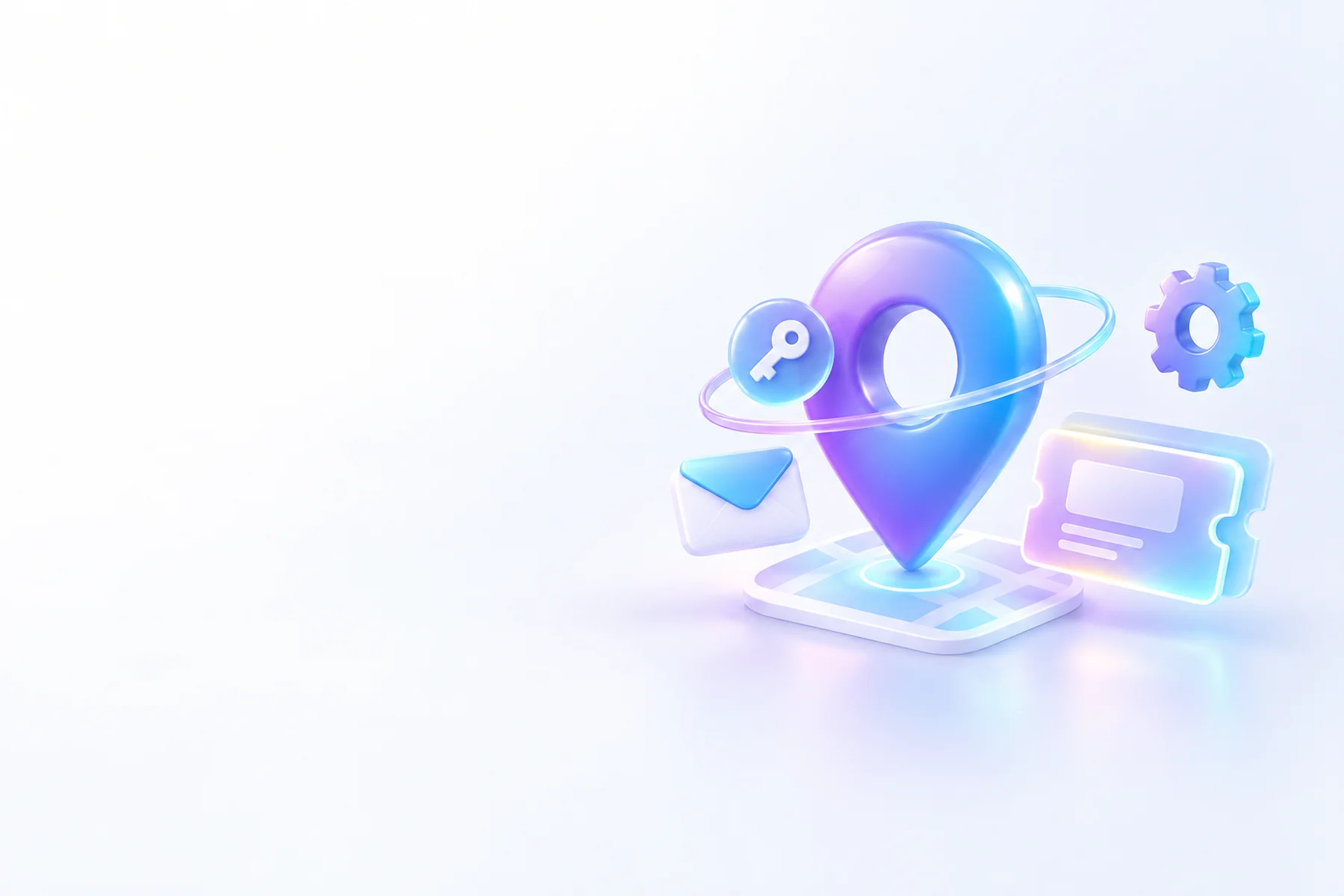 Illustration: A glossy map pin with an open access-key badge orbiting it, a small envelope, and a numbered ticket card stacked beside a floating gear.