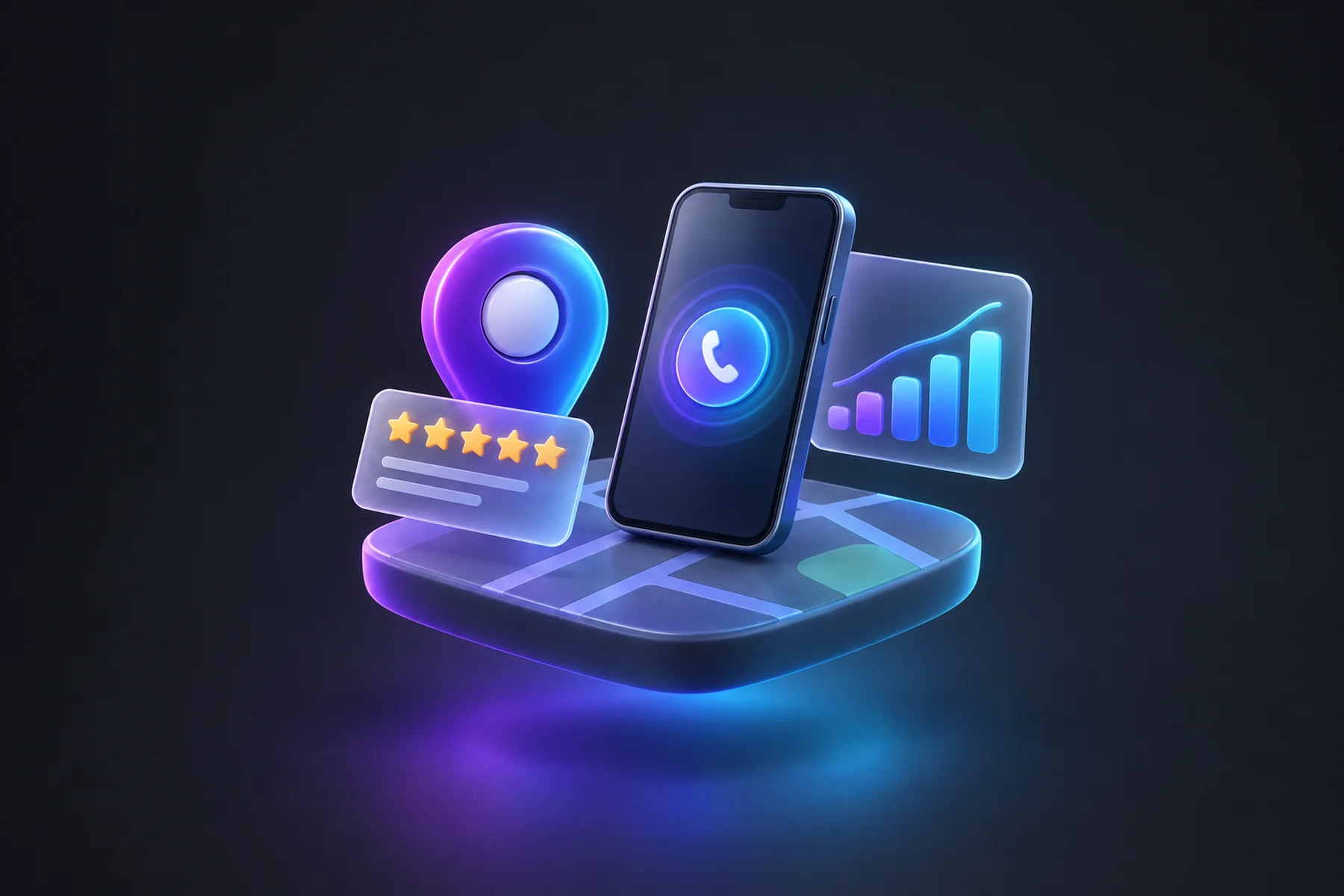 Illustration: A glossy map pin marked with a star rating card floating beside a phone showing a pulsing call notification badge, with a small chart card counting calls behind them.
