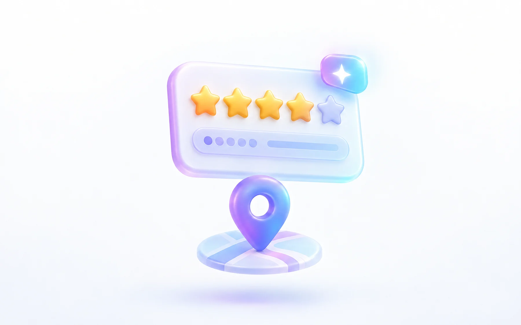 Illustration: A single glossy star-rating card with rounded stars, a review-count strip, and a small button-shaped tab glowing at its corner, floating above a map pin.