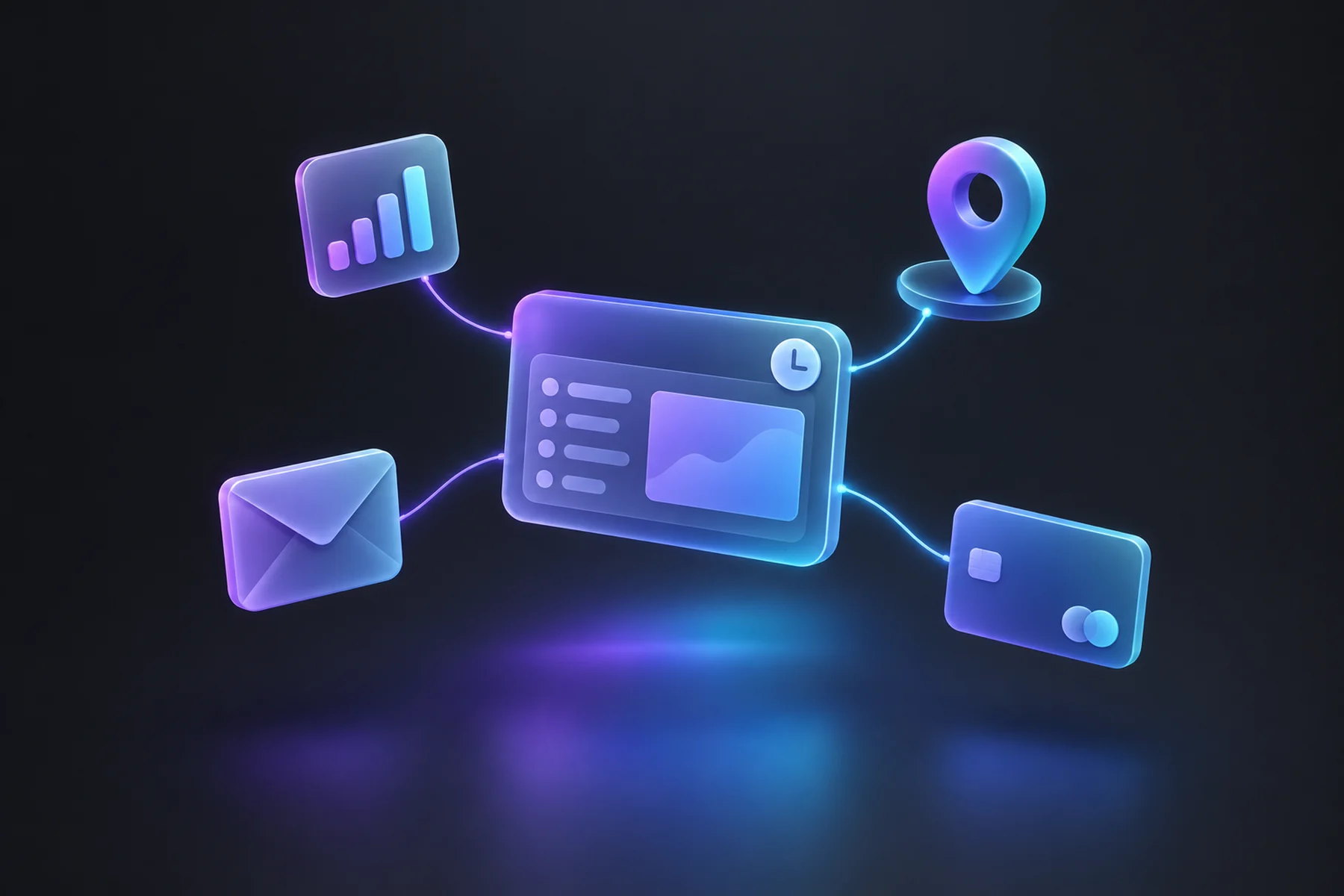 Illustration: A central glossy screen panel with a small clock stamp in the corner, orbited by a chart card, a map pin, an envelope, and a payment card each linked by thin glowing lines converging inward.