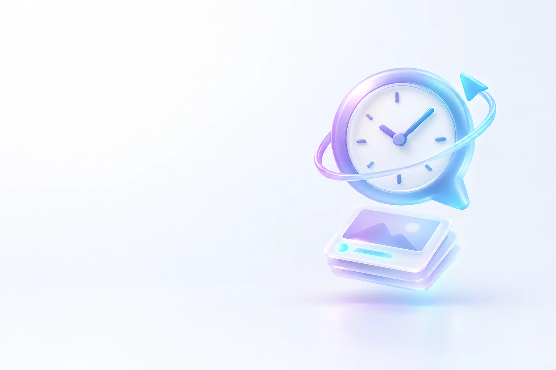 Illustration: A round clock face merged with a glossy speech-bubble icon, a small orbiting arrow around its rim, and a stacked snapshot card beneath it showing a timestamp glow.