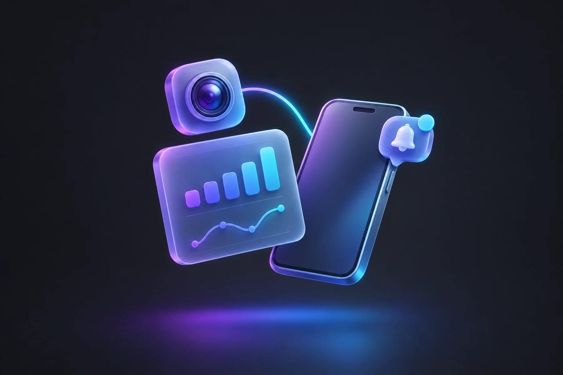 Illustration: A glossy speech-bubble-shaped panel with a small camera-lens badge floating beside a chart card, both linked by a soft glowing connector line, sitting near a phone with a notification badge.
