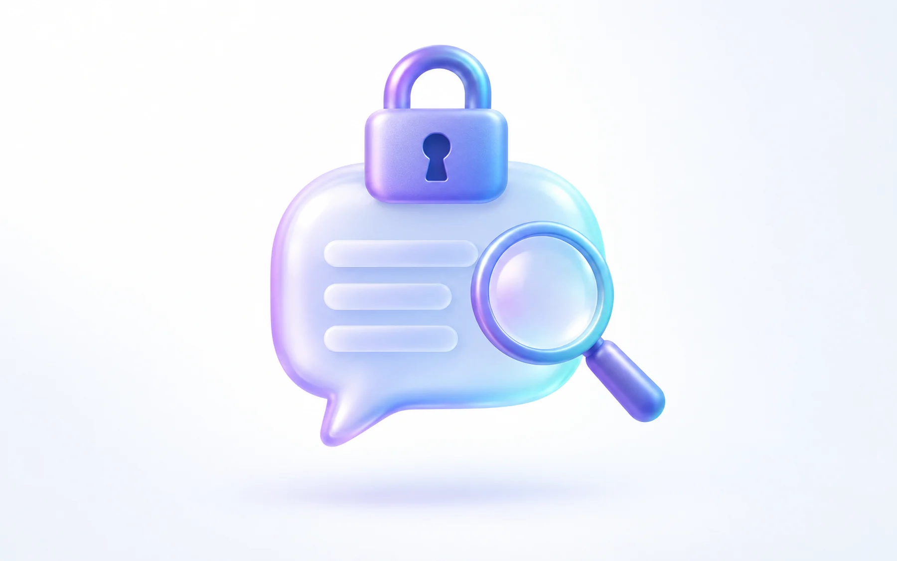 Illustration: A glossy speech-bubble icon with a padlock resting on top and a magnifying glass hovering over it, showing it can be inspected but not altered.