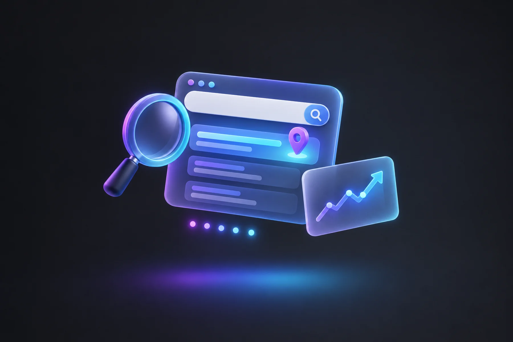 Illustration: A floating magnifying glass hovering over a browser search bar card, with small glowing dots representing query results, a chart card showing an upward click line, and a pin marking a top ranking position.