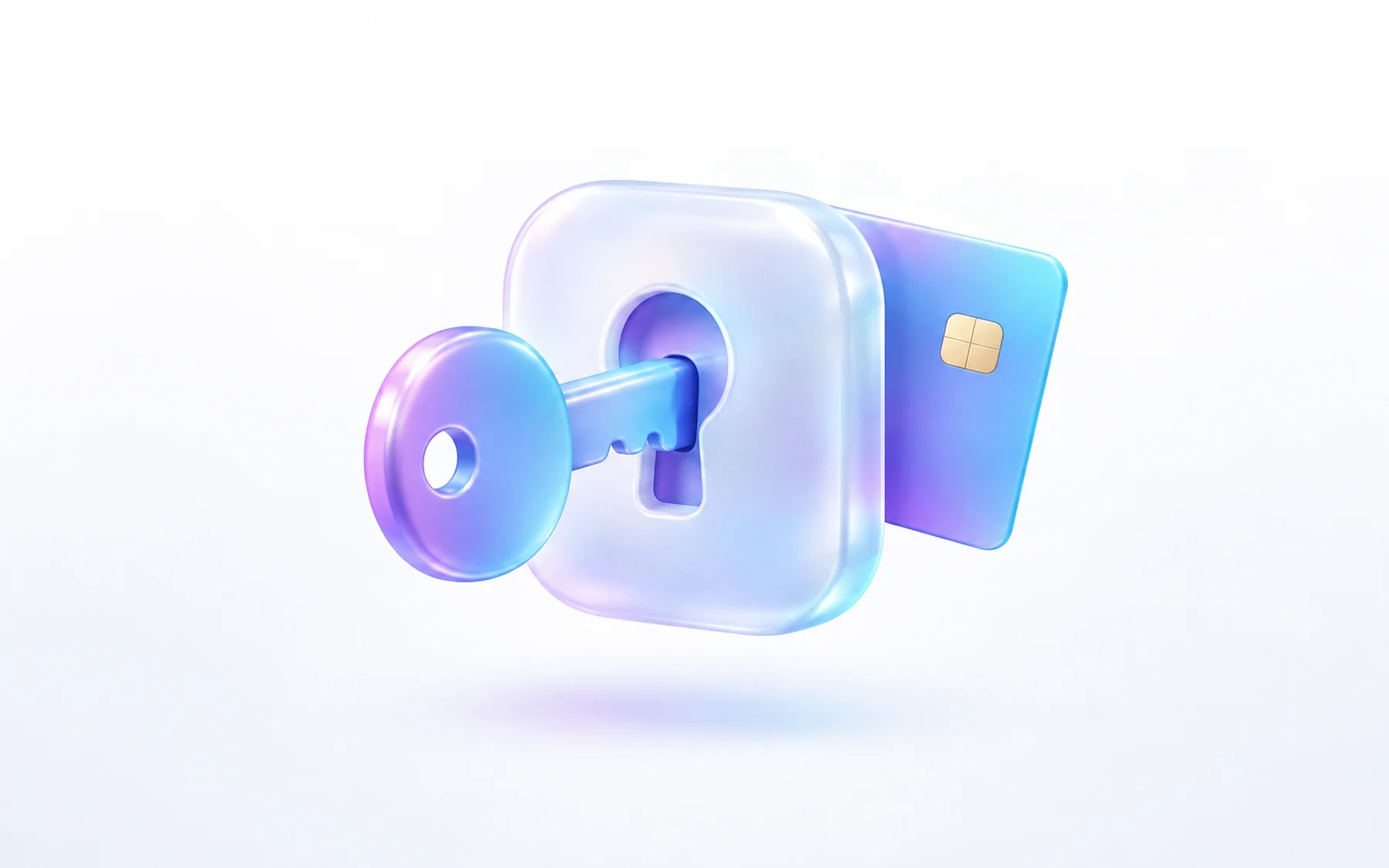 Illustration: A glossy key sliding into a rounded frosted-glass lock plate, with a small payment card resting behind it.